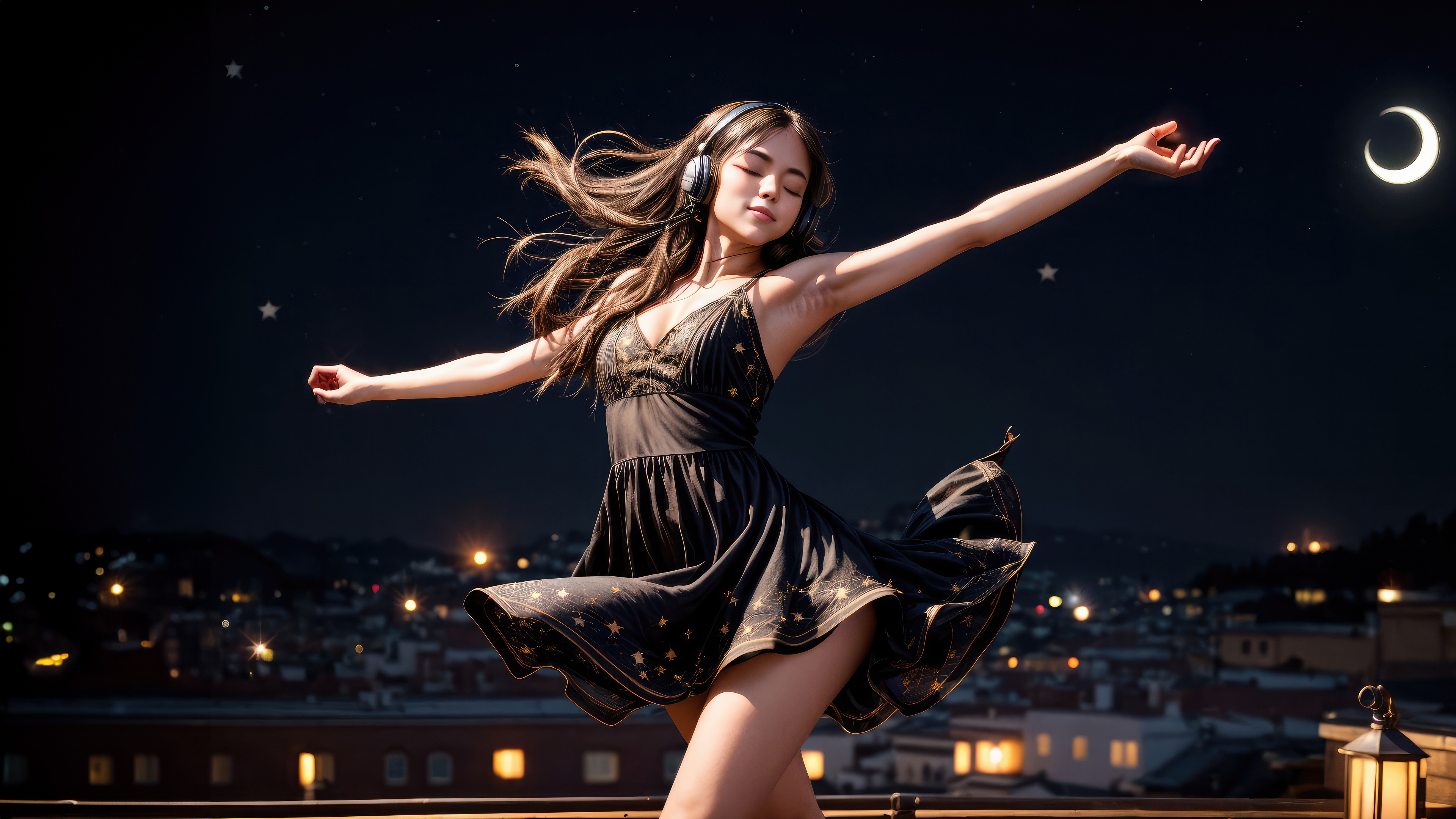 Girl dancing on a rooftop at night with headphones HD Wallpaper