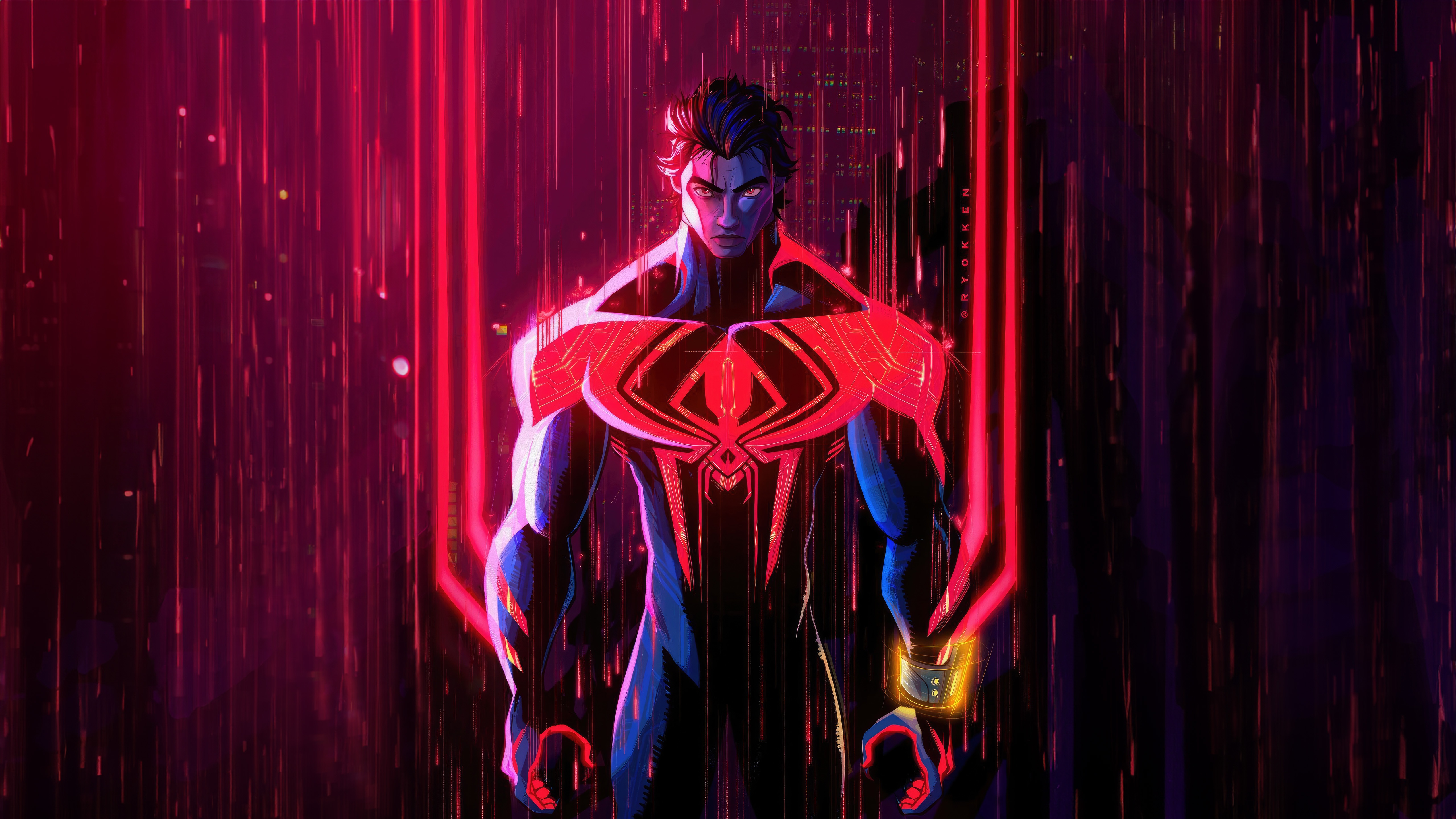 Spider-Man 2099 in a neon-lit city HD Wallpaper