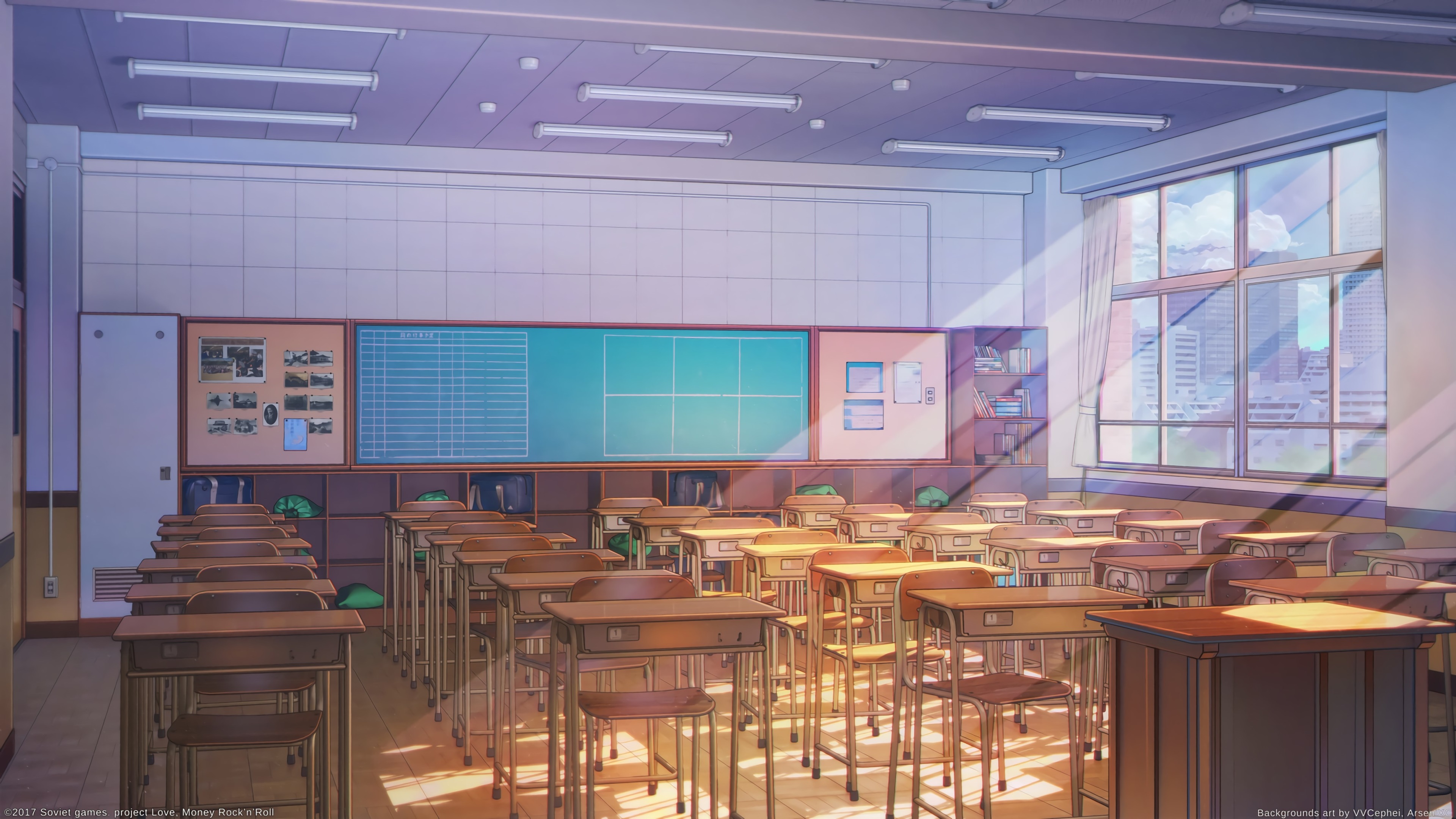 Classroom with desks and windows HD Wallpaper