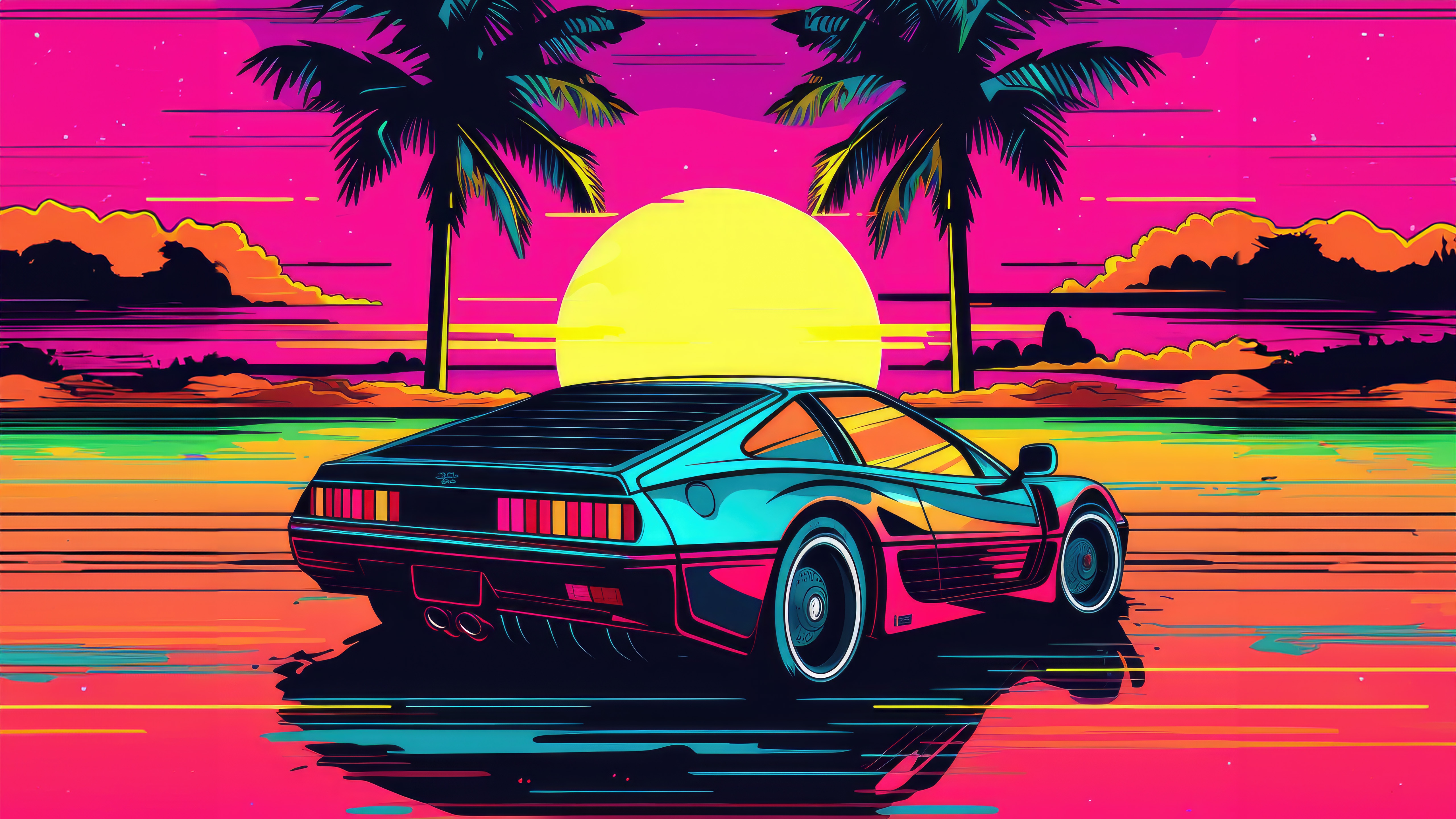 Miami Vice Style Retro Car at Sunset HD Wallpaper