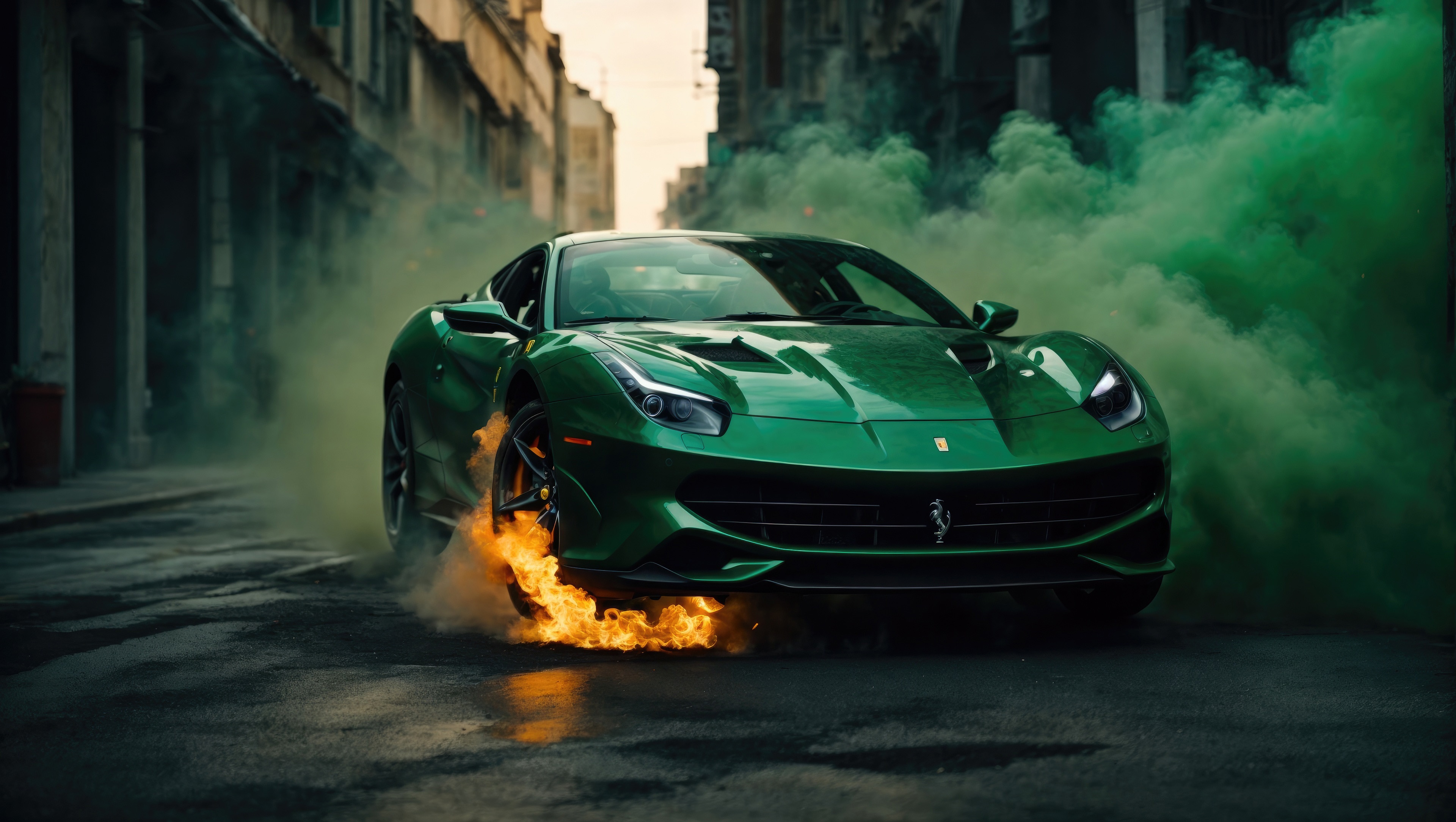 Green Ferrari 488 Pista with Fire and Smoke HD Wallpaper