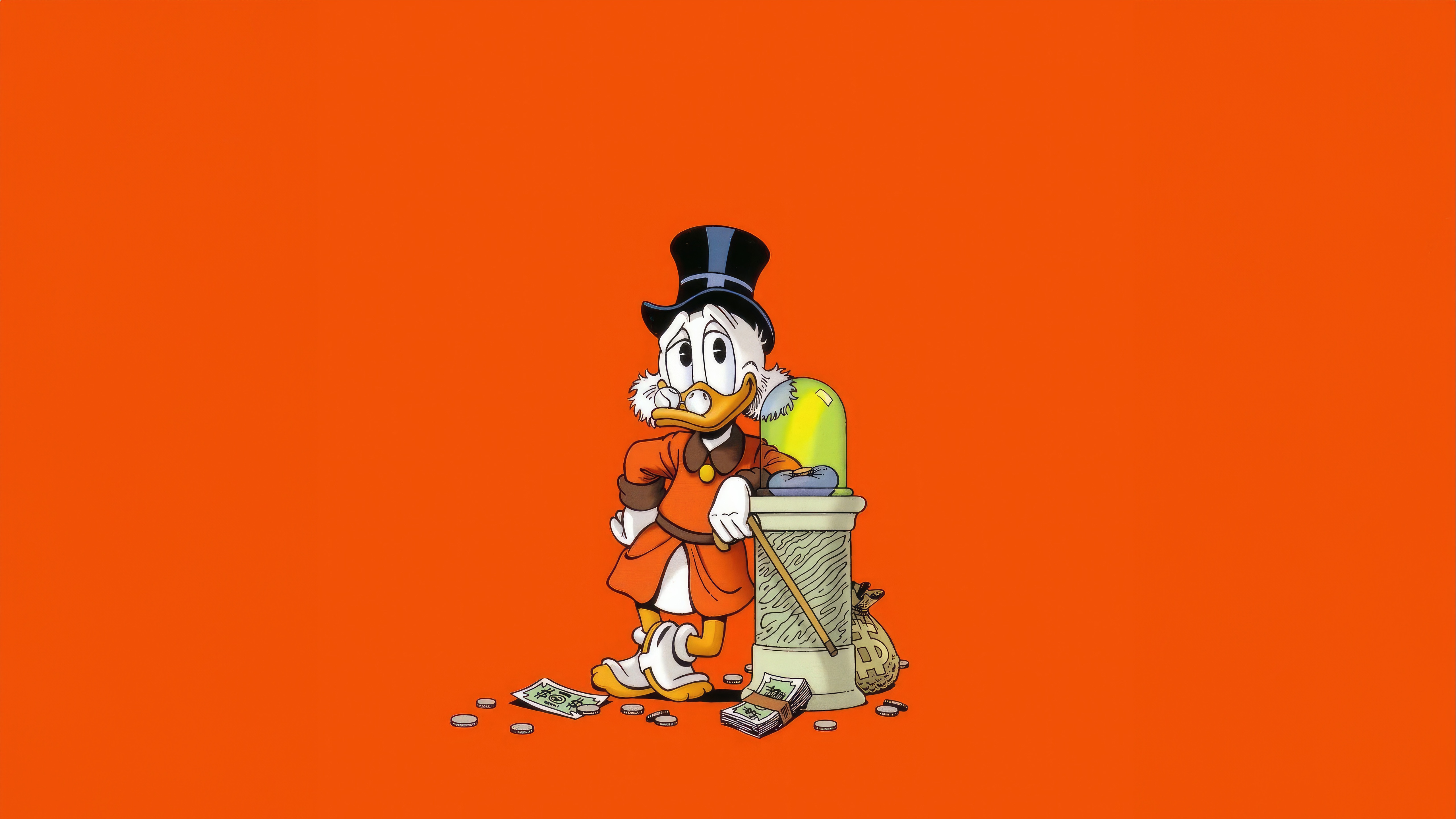 Scrooge McDuck with money on orange background HD Wallpaper