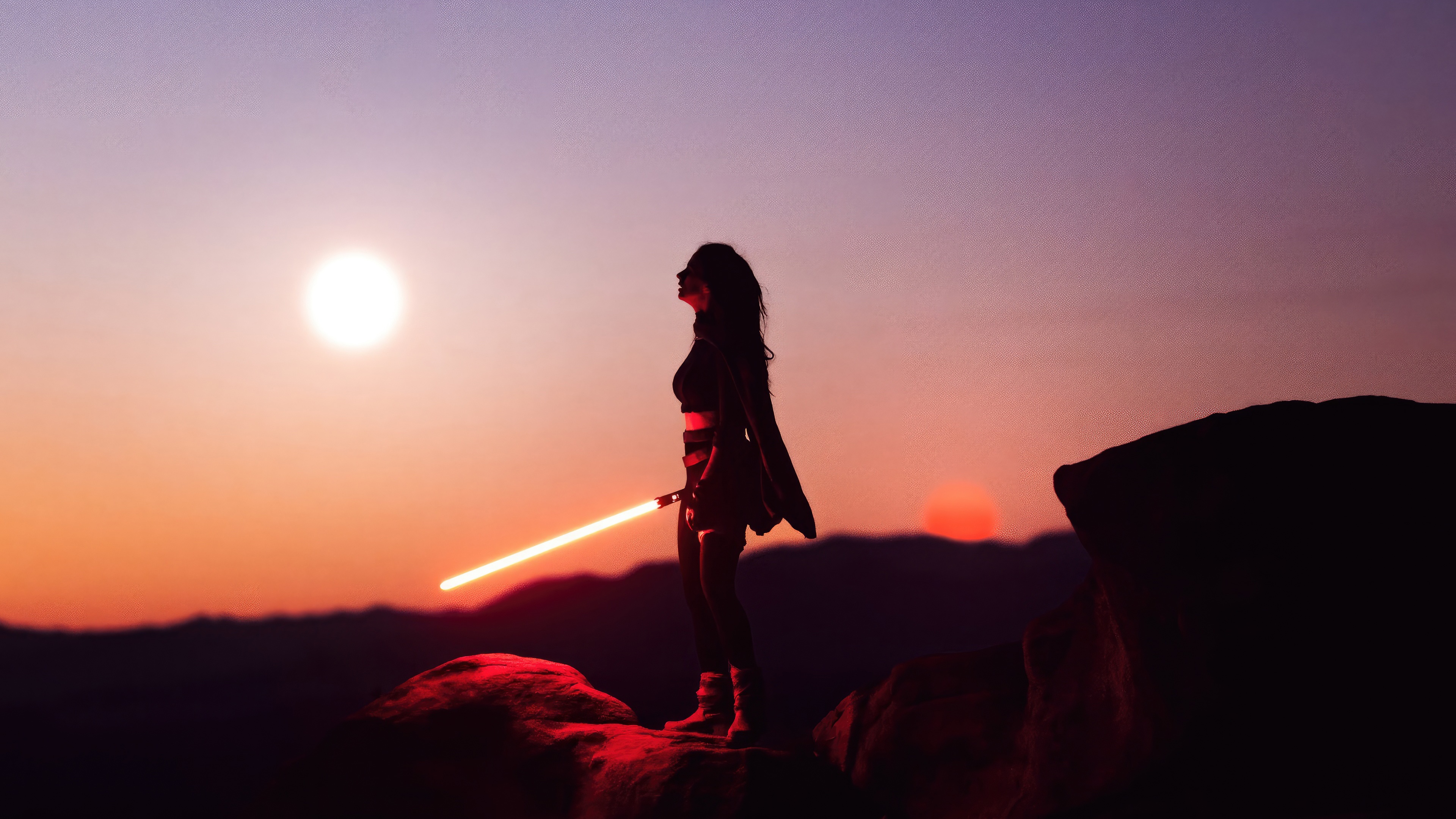 Rey Star Wars Cosplay Girl with Lightsaber at Sunset HD Wallpaper