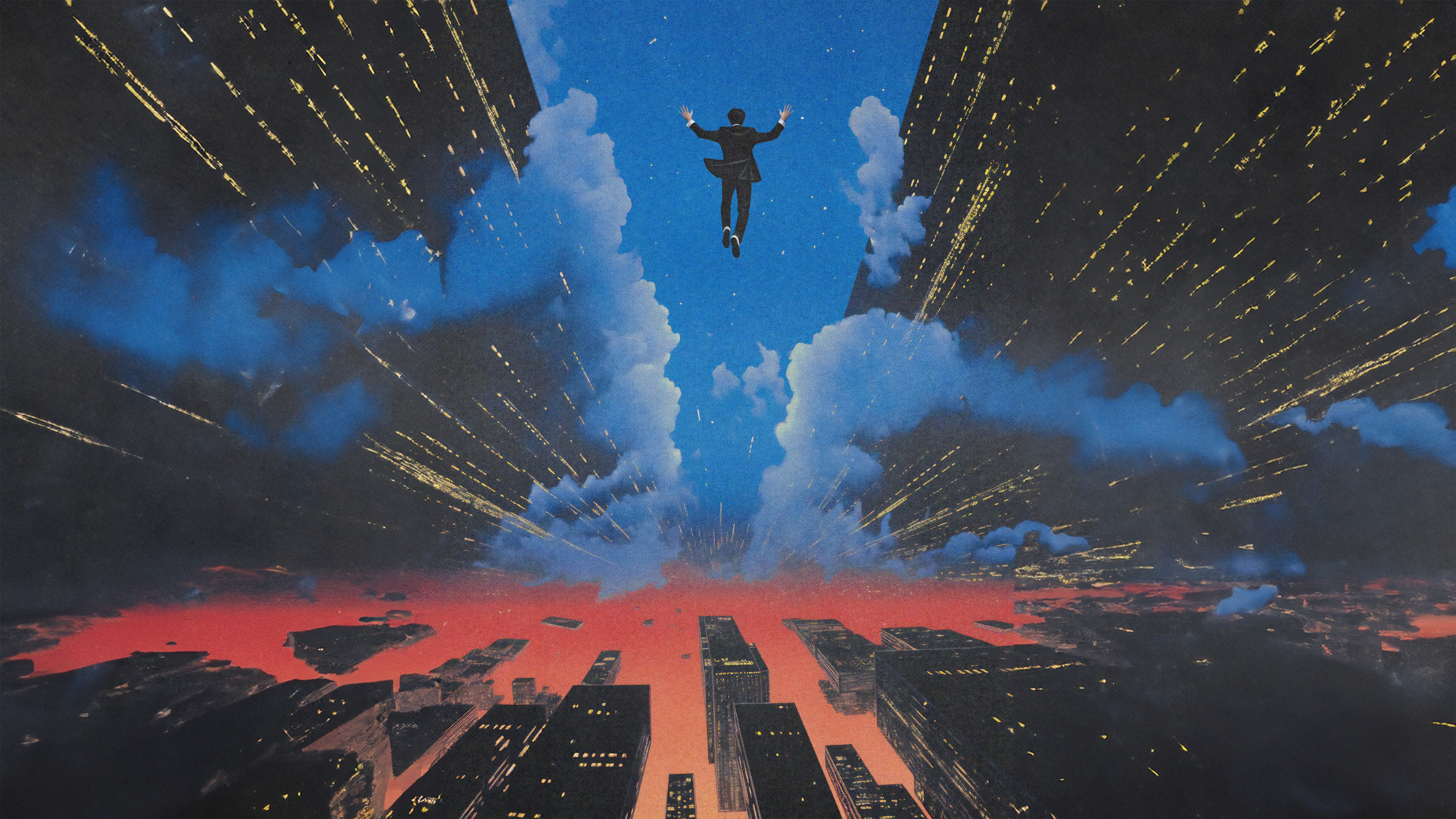 Man Falling Through Clouds Above Cityscape HD Wallpaper