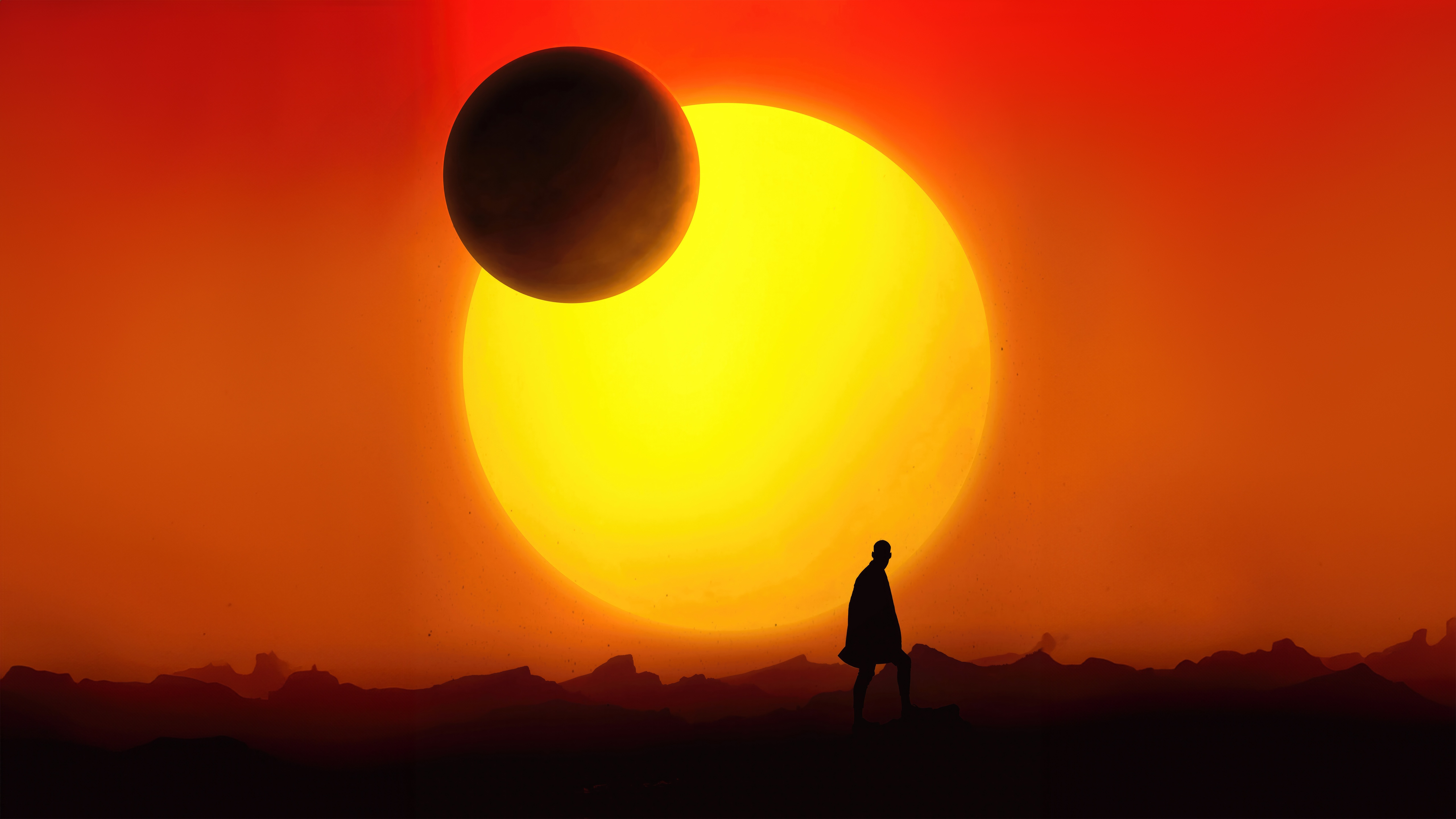Silhouette of a person walking under a large sun and moon. HD Wallpaper
