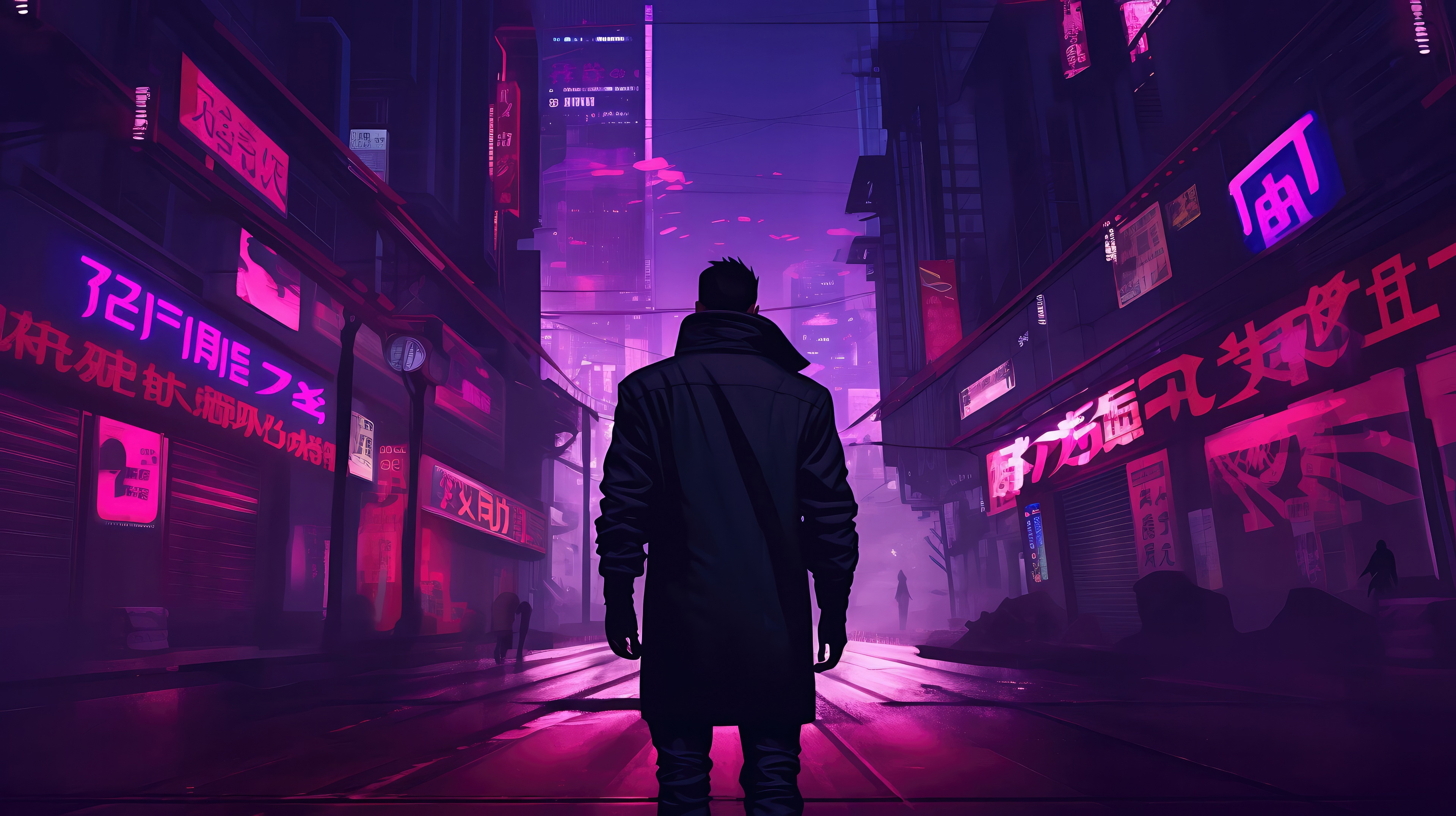 Man walking down a neon-lit cyberpunk street HD Wallpaper