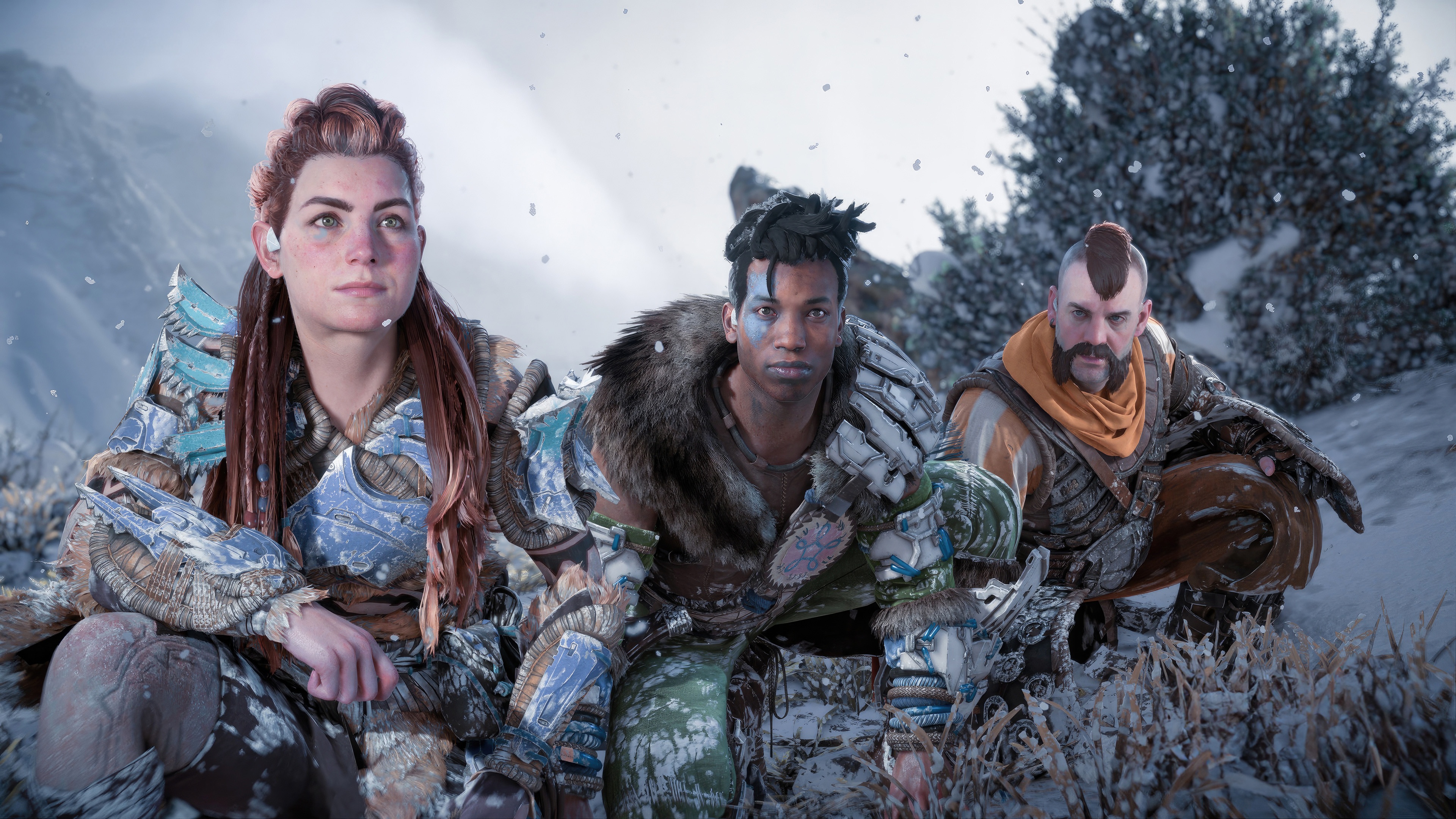 Horizon Forbidden West characters in snowy landscape HD Wallpaper