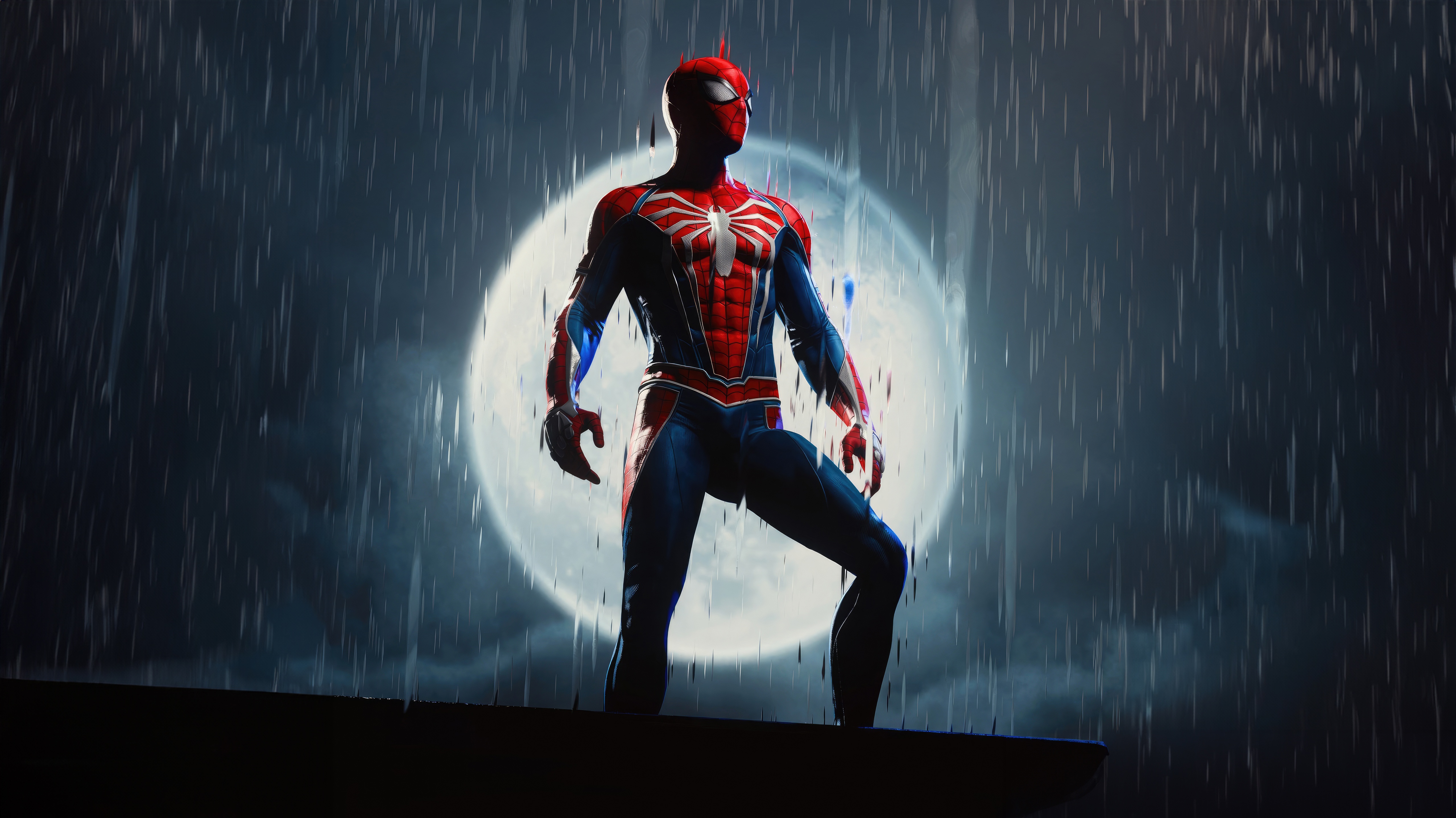 Spider-Man stands on a rooftop in the rain HD Wallpaper