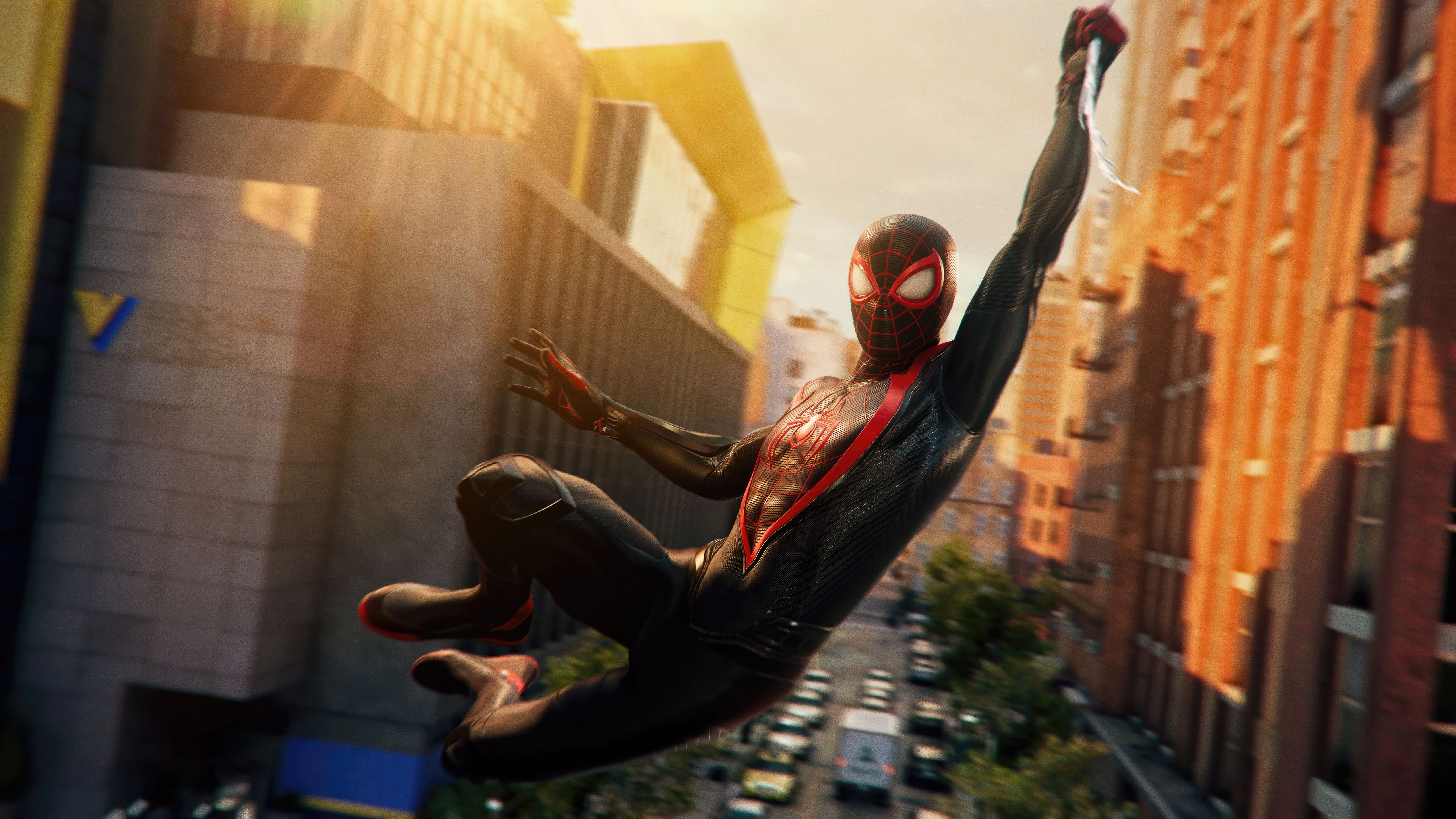 Miles Morales Swinging Through a City HD Wallpaper