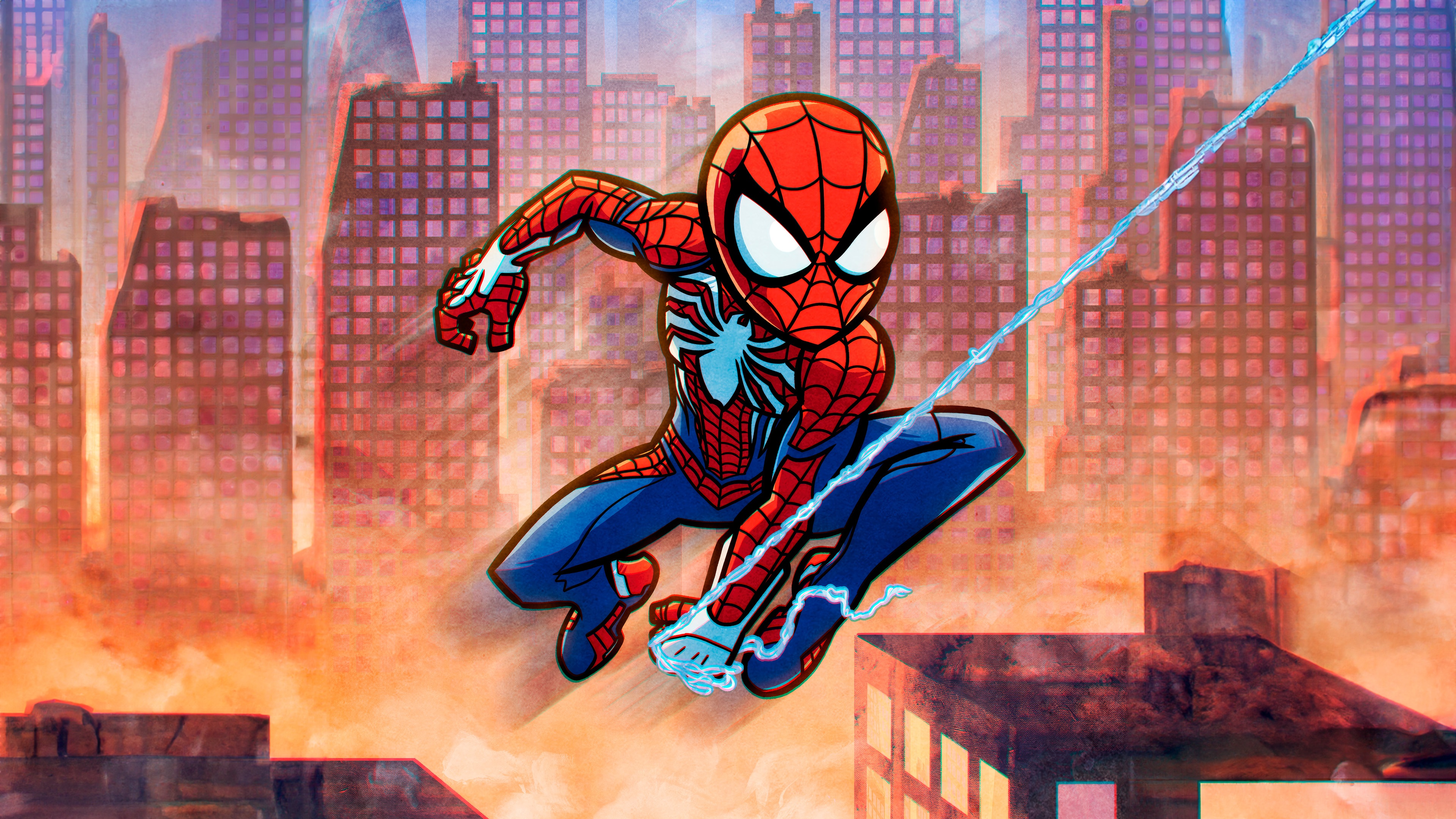 Spider-Man swinging through a city HD Wallpaper