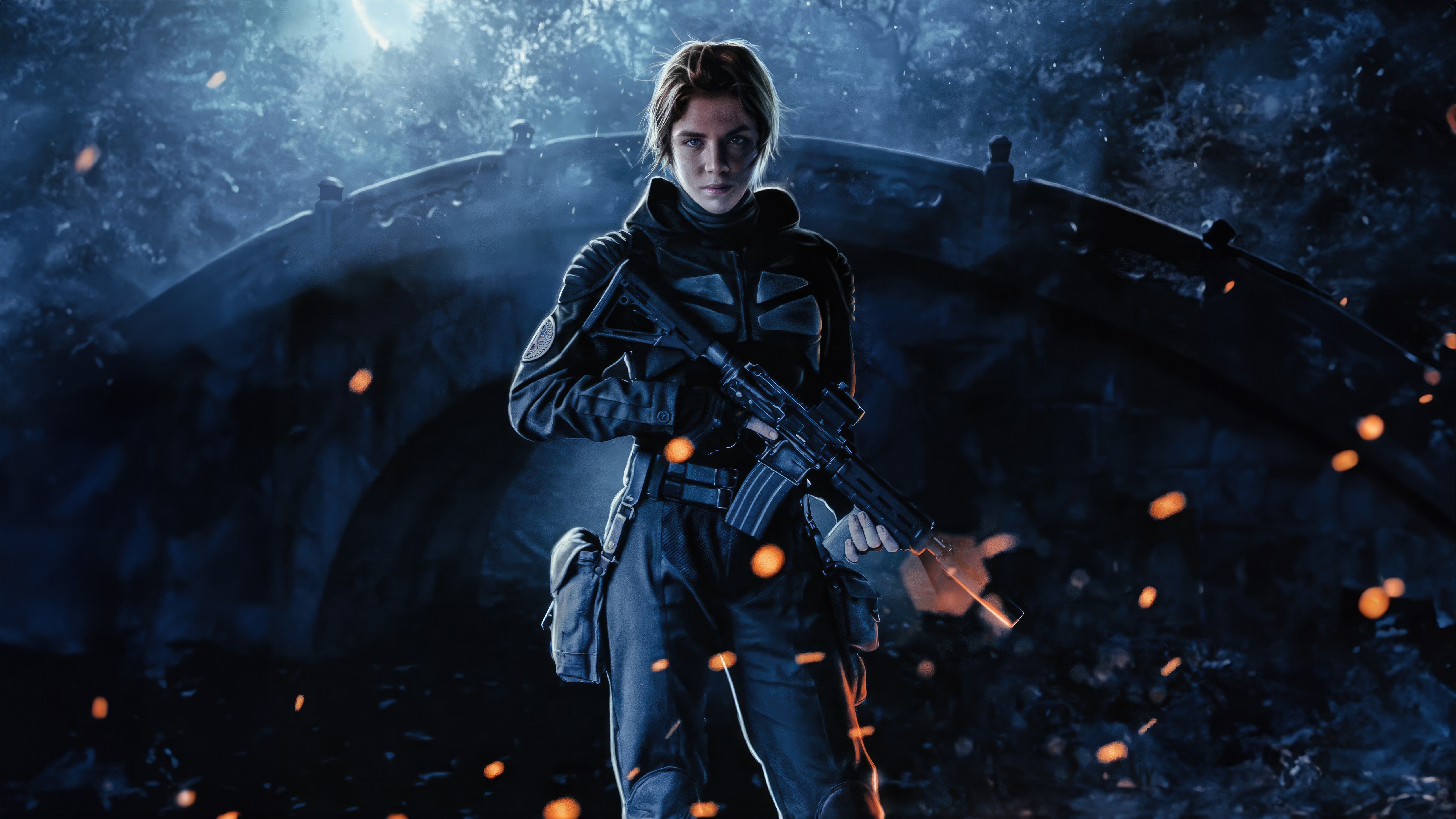 Soldier Grace with Rifle in Dark Forest HD Wallpaper