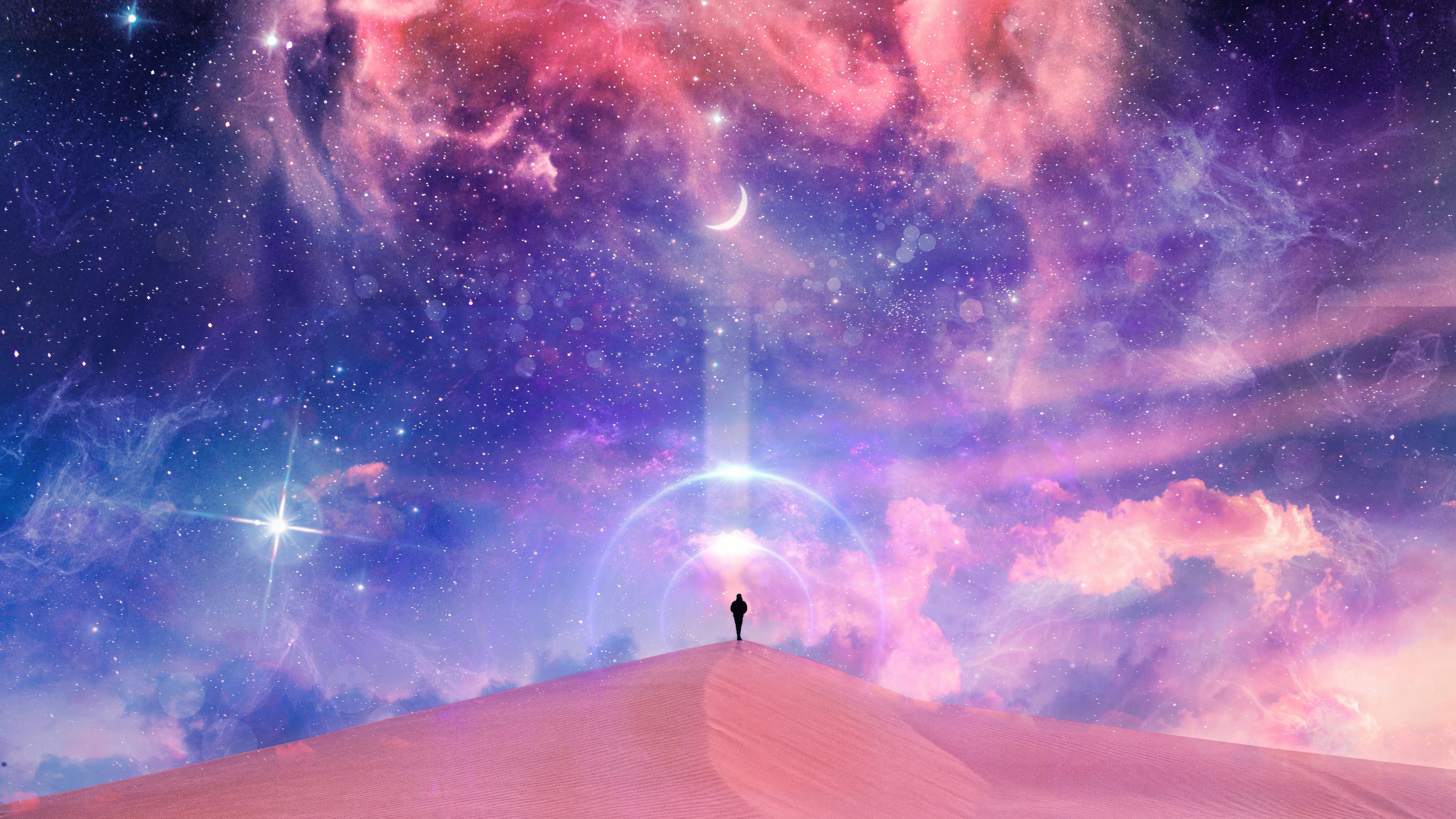Person standing on sand dune looking at colorful nebula HD Wallpaper