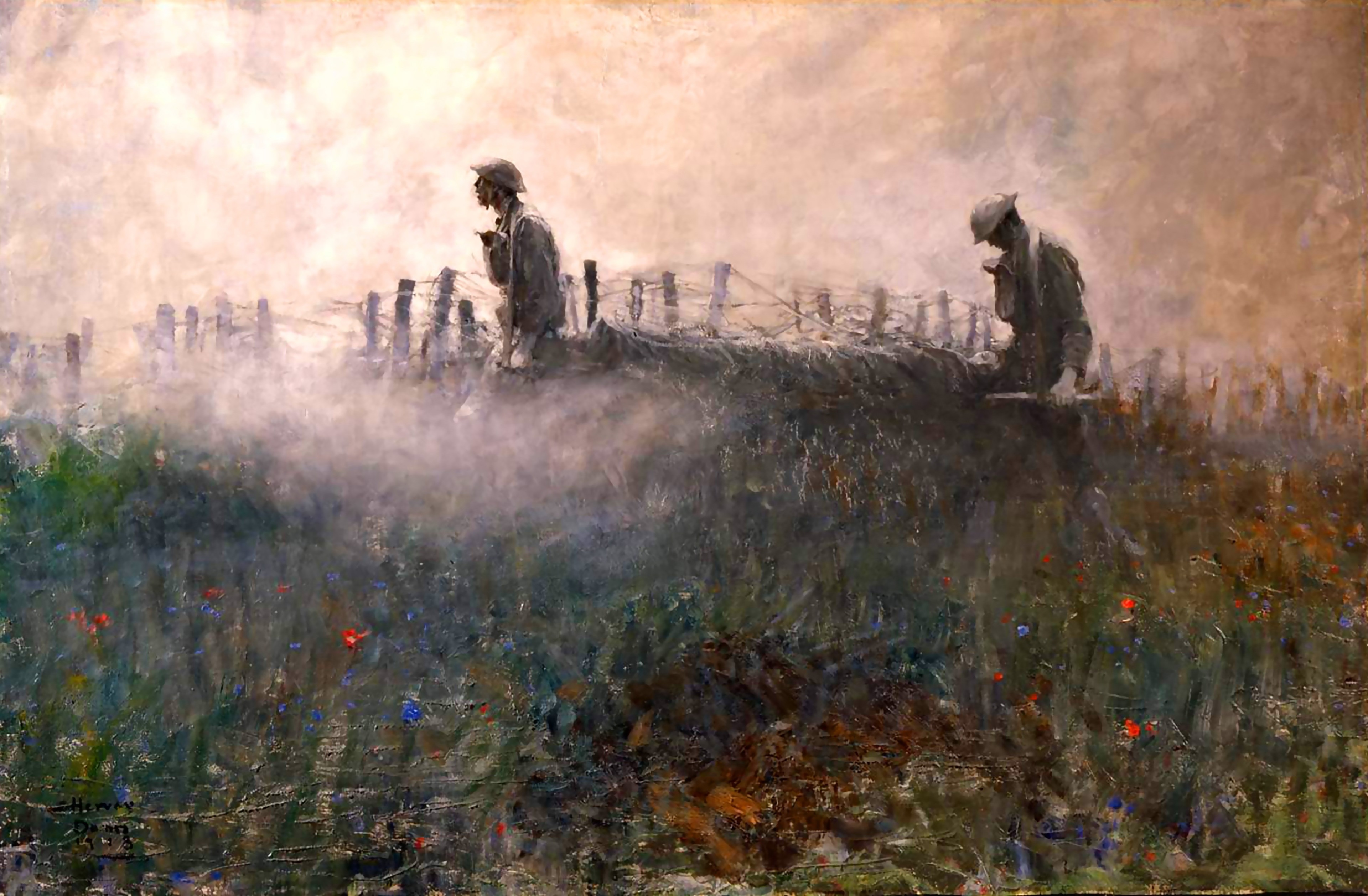 Two soldiers in a misty field with barbed wire HD Wallpaper