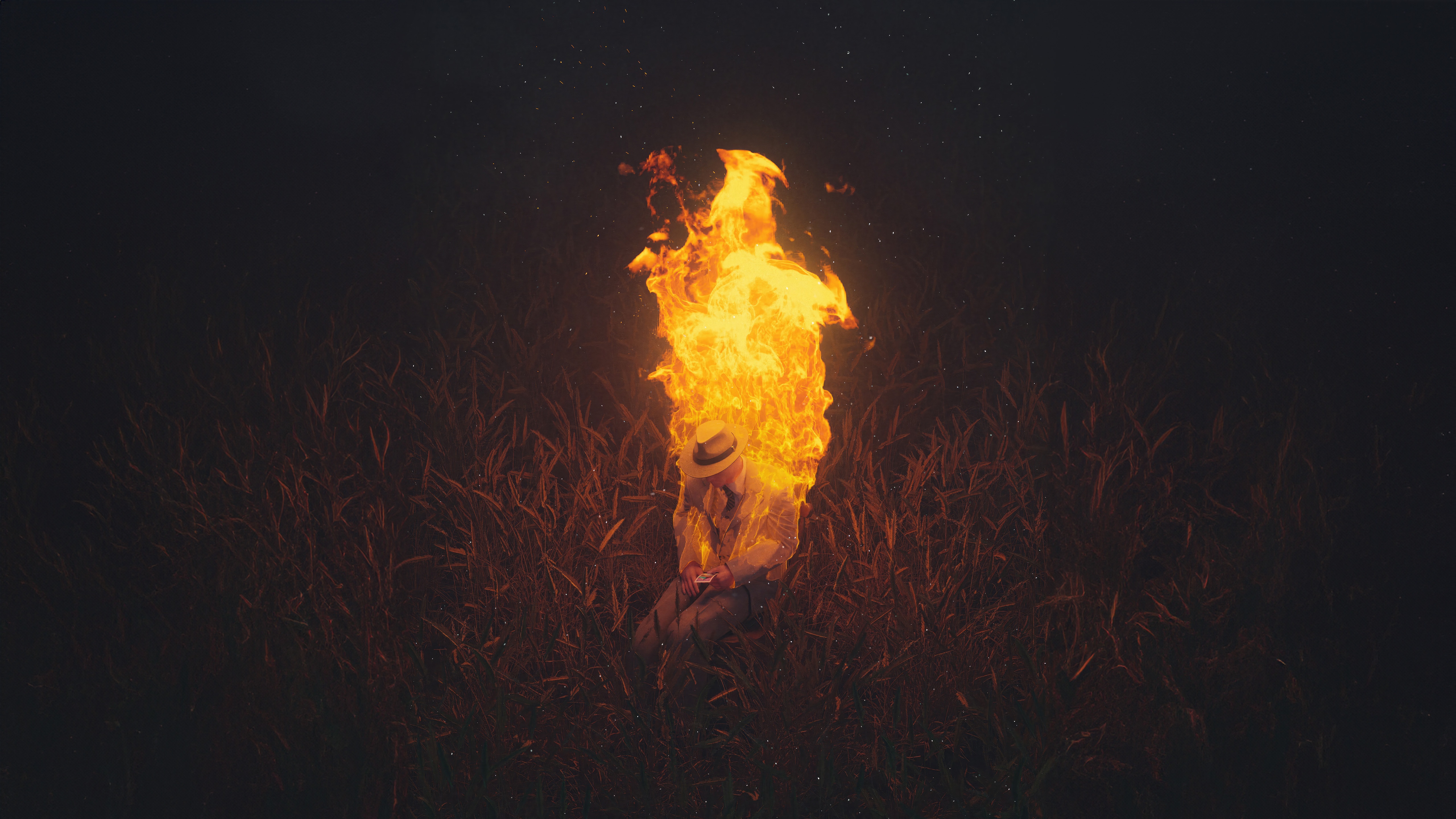Person engulfed in flames in a field HD Wallpaper