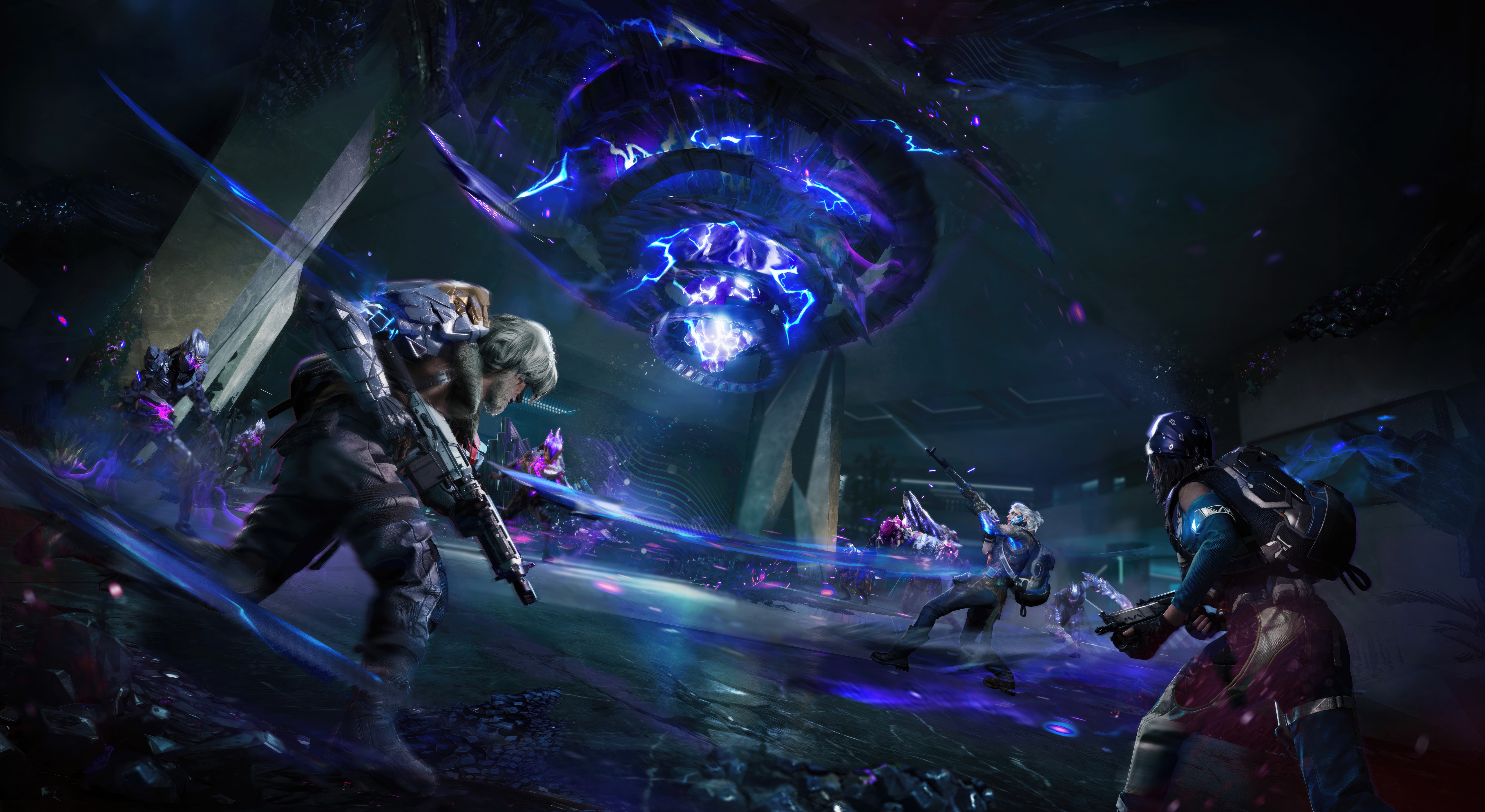 Guardians battle a large alien entity in a dark environment HD Wallpaper