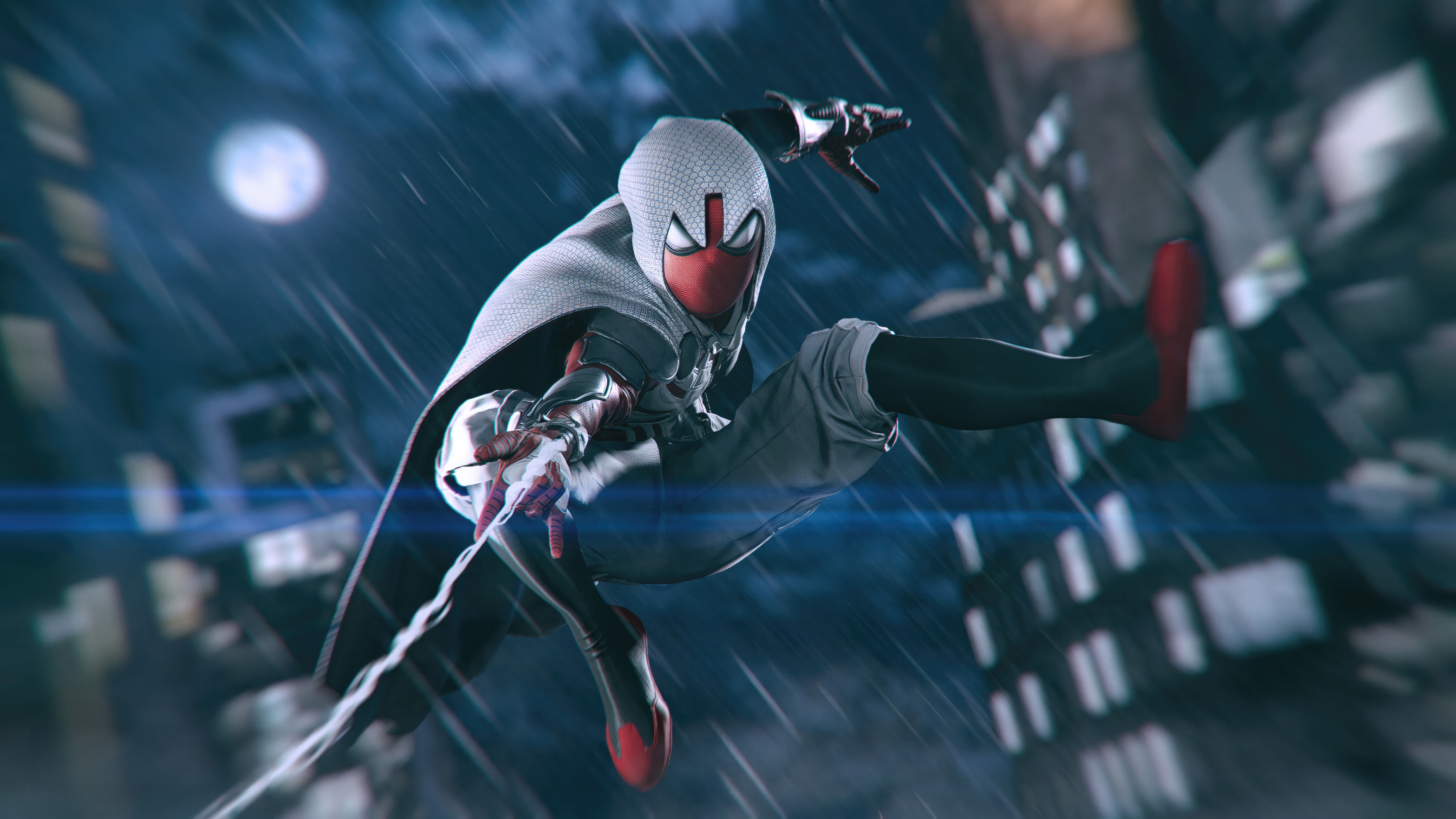 Arachknight from Spiderman 2 swings through a rainy city HD Wallpaper