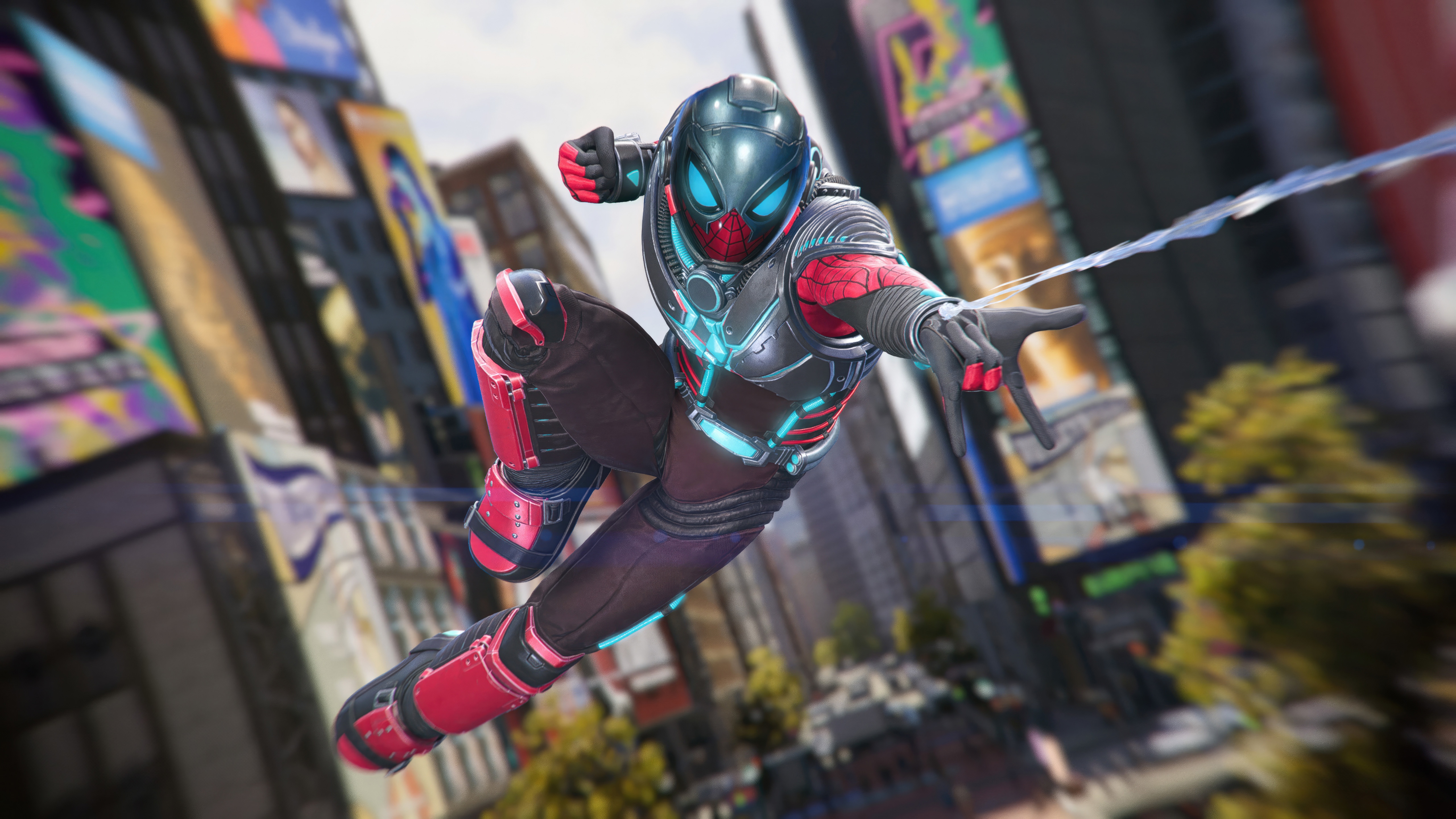 Spider-Man in a futuristic suit swings through a city HD Wallpaper