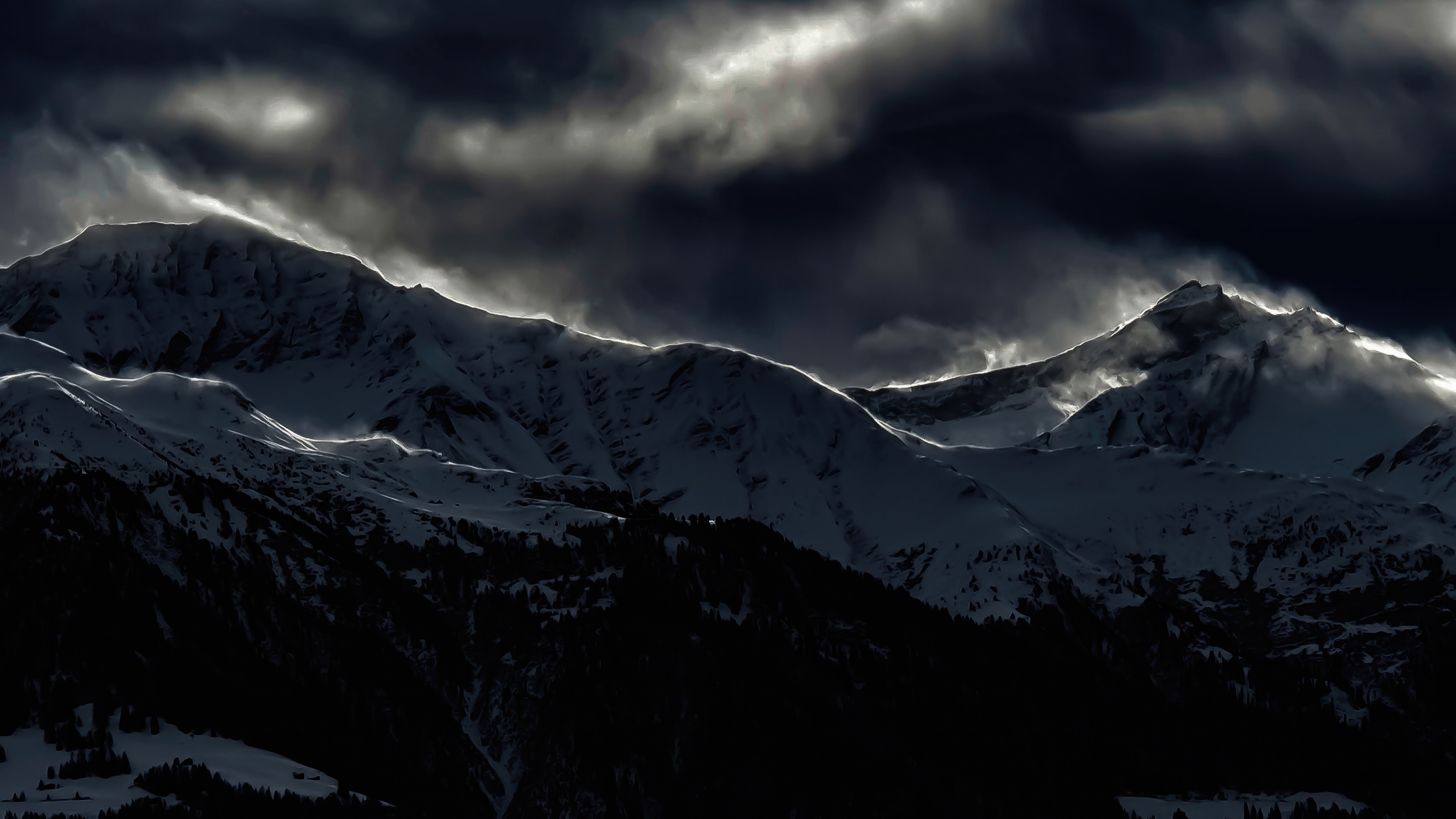 Snowy mountains in Surselva, Switzerland under dark clouds HD Wallpaper