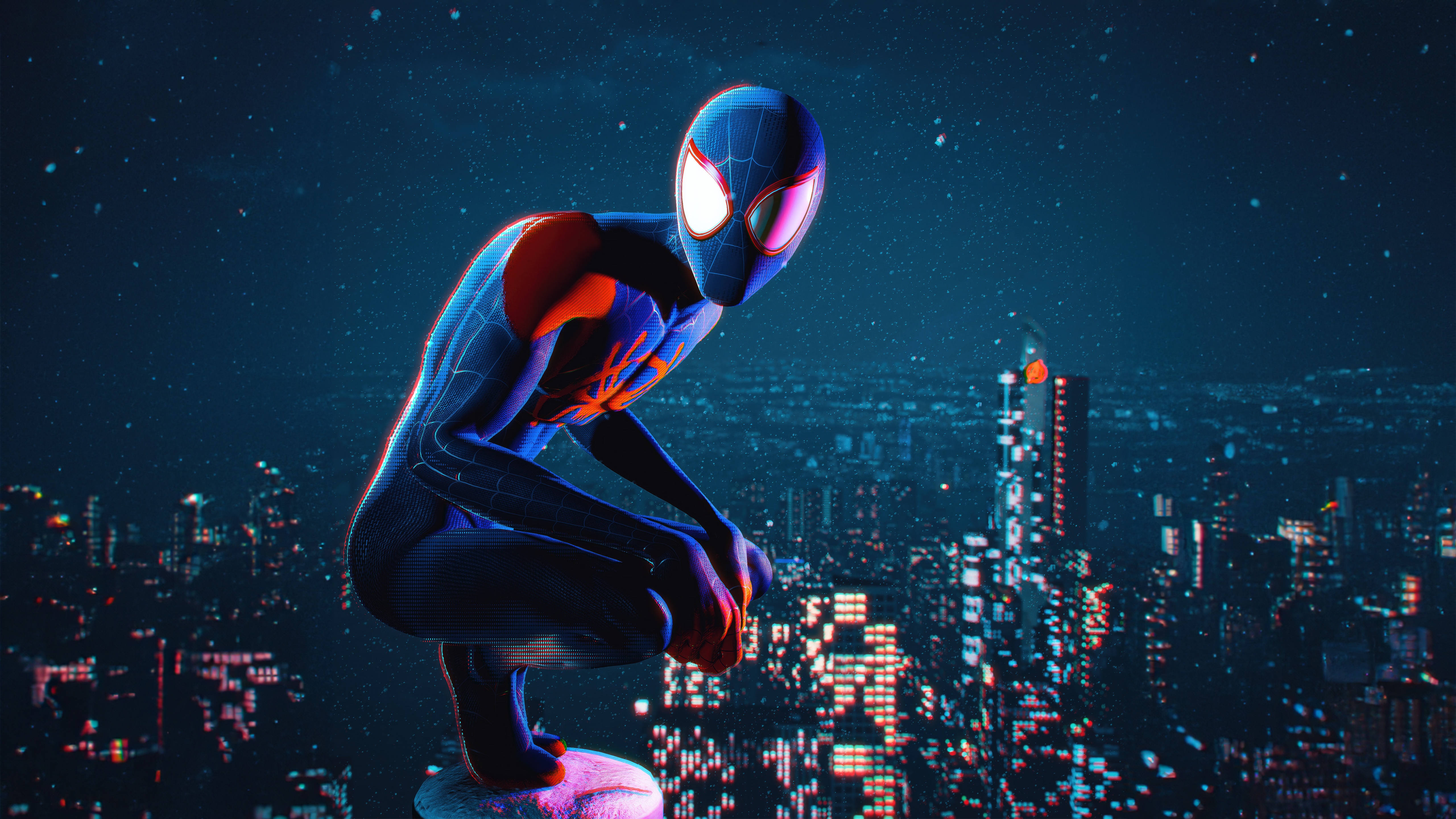 Miles Morales Marvels Spider-Man Crouching on Building HD Wallpaper