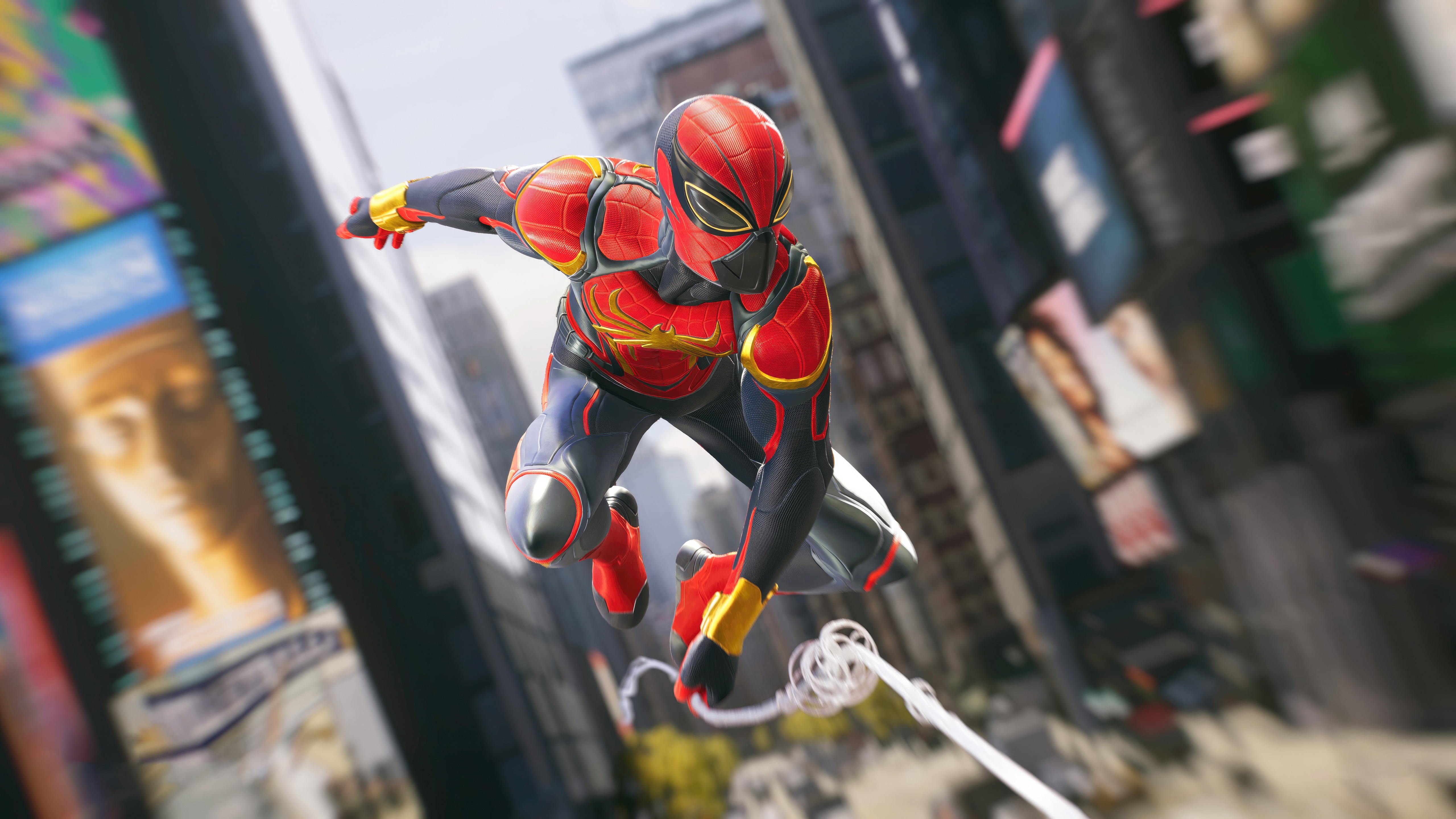 Spider-Man in the Aurantia Suit swings through a city HD Wallpaper