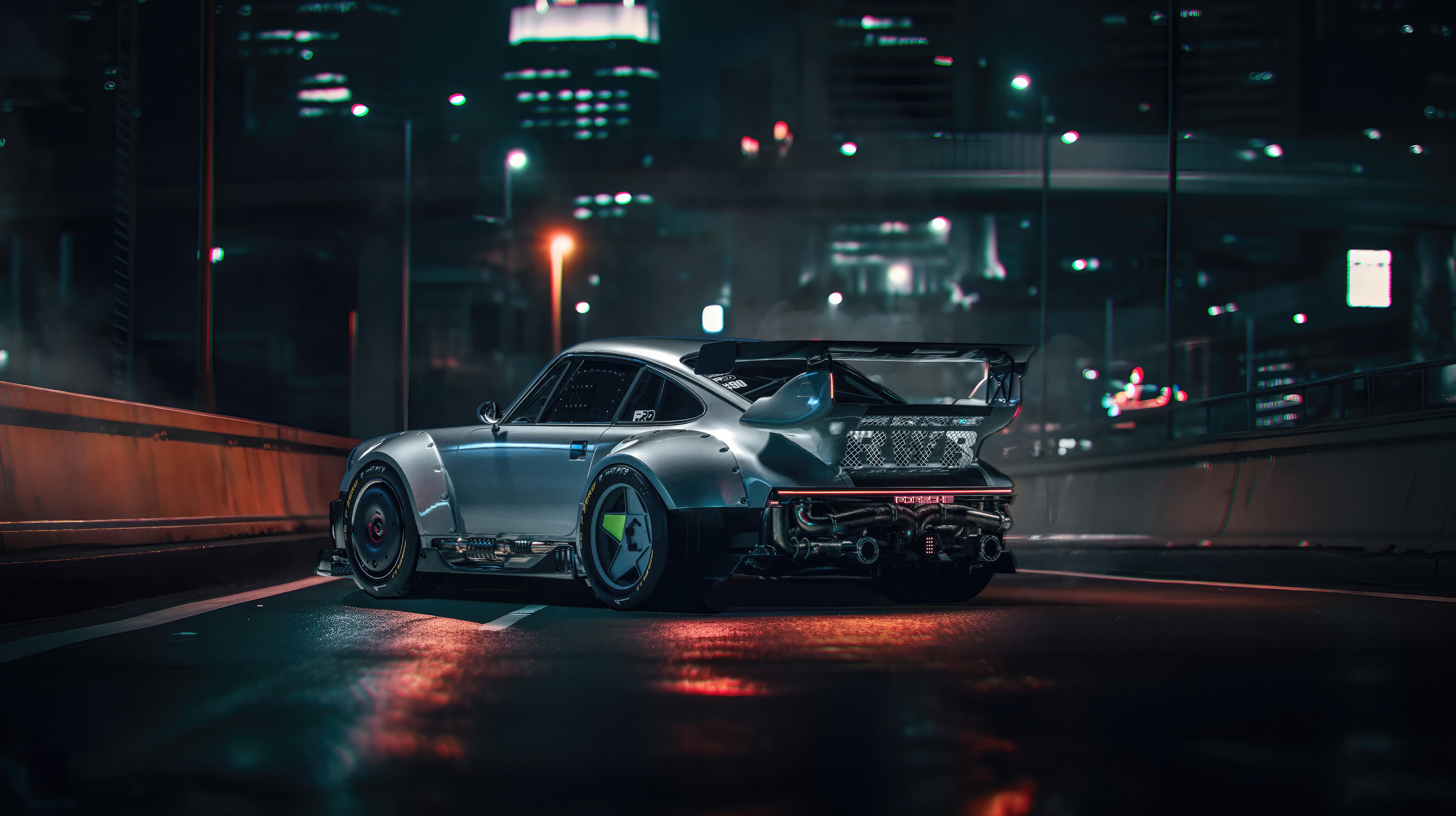 Cyberpunk Porsche 911 on a Wet City Street at Night HD Wallpaper