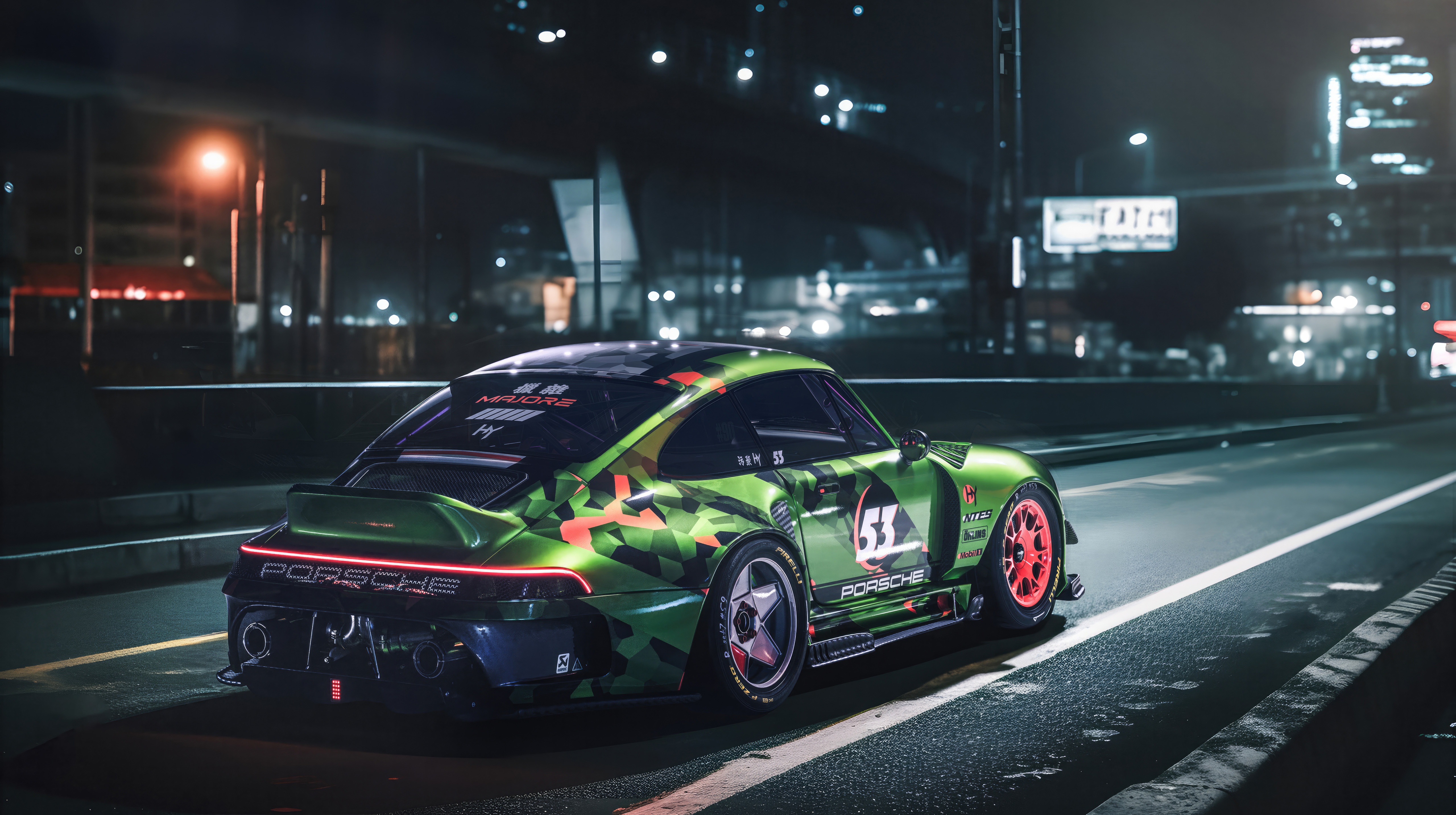 Cyberpunk Porsche on Darkened Streets at Night HD Wallpaper