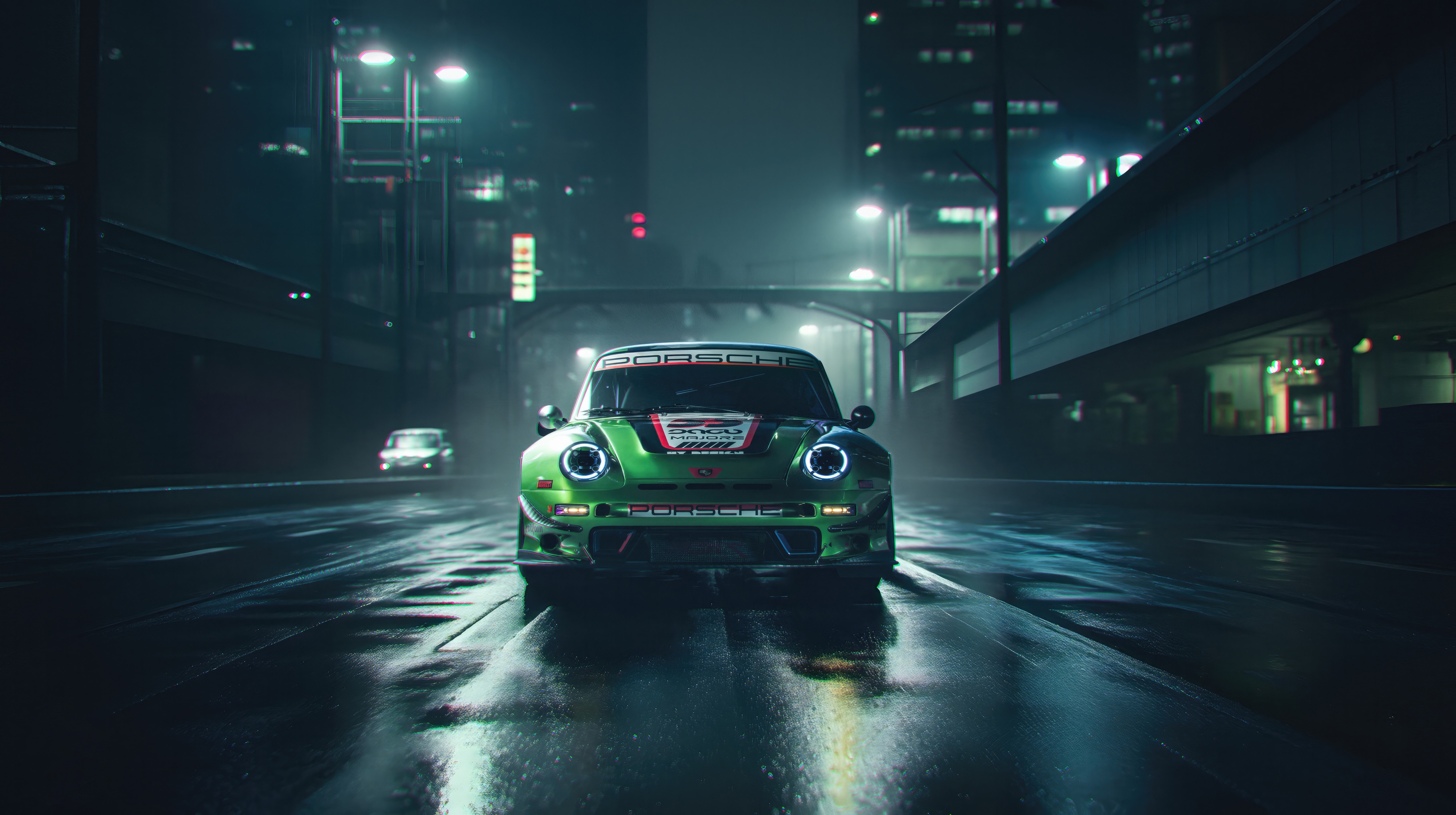 Green Porsche 911 Turbo S on a Wet City Street HD Wallpaper