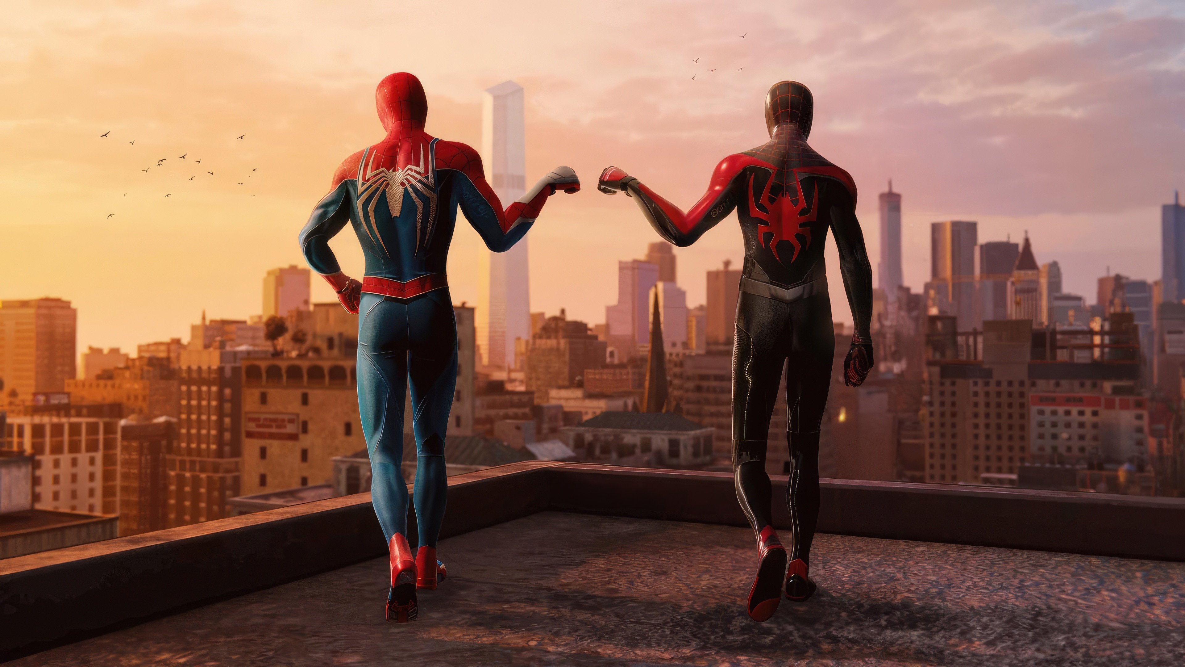 Spider-Man and Miles Morales fist bump on rooftop HD Wallpaper