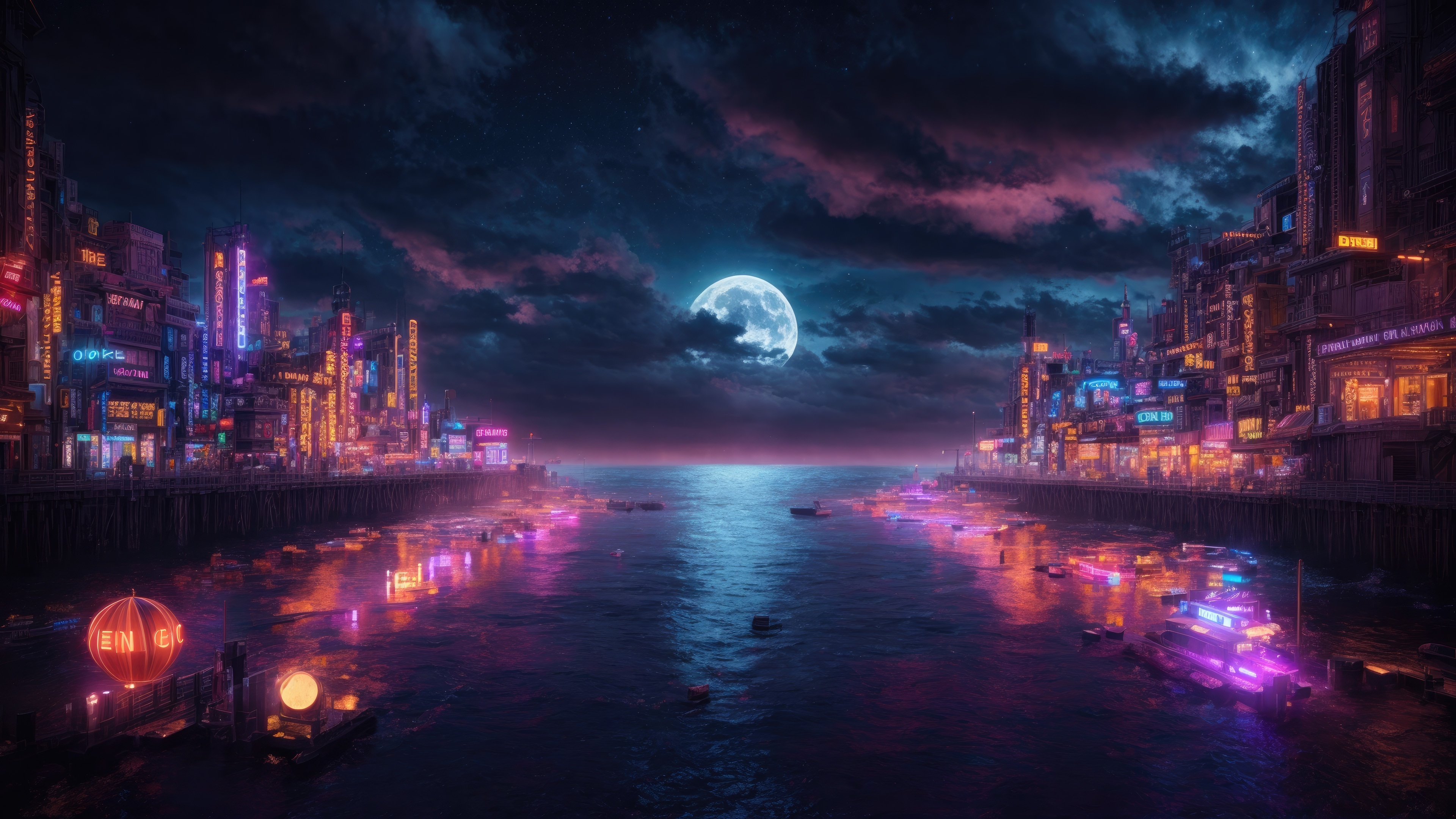 Moon City at Night with Neon Lights HD Wallpaper