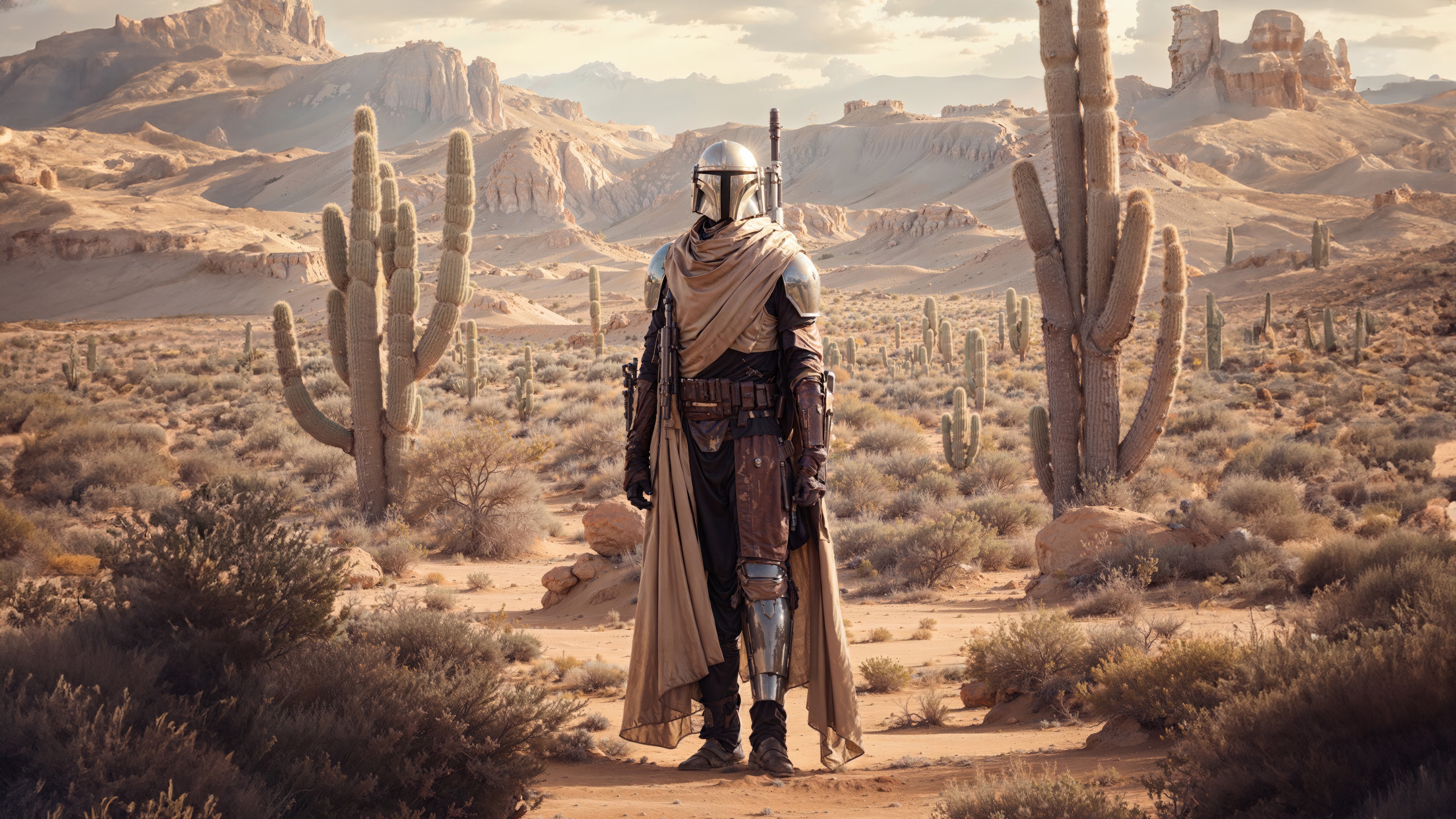 Mandalorian in a Desert Landscape with Cacti HD Wallpaper