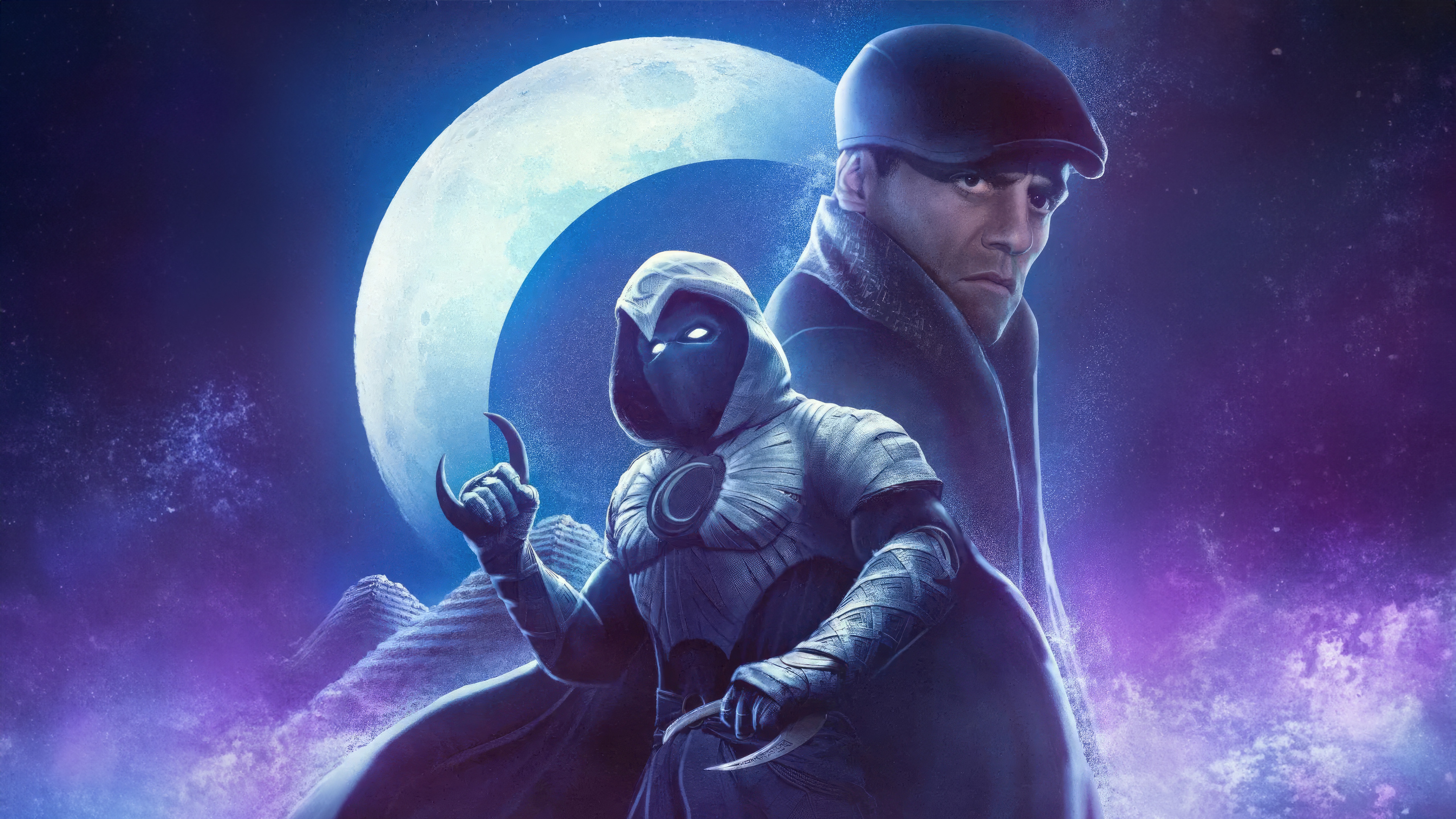 Moon Knight and Mr. Knight with Moon and Pyramids HD Wallpaper