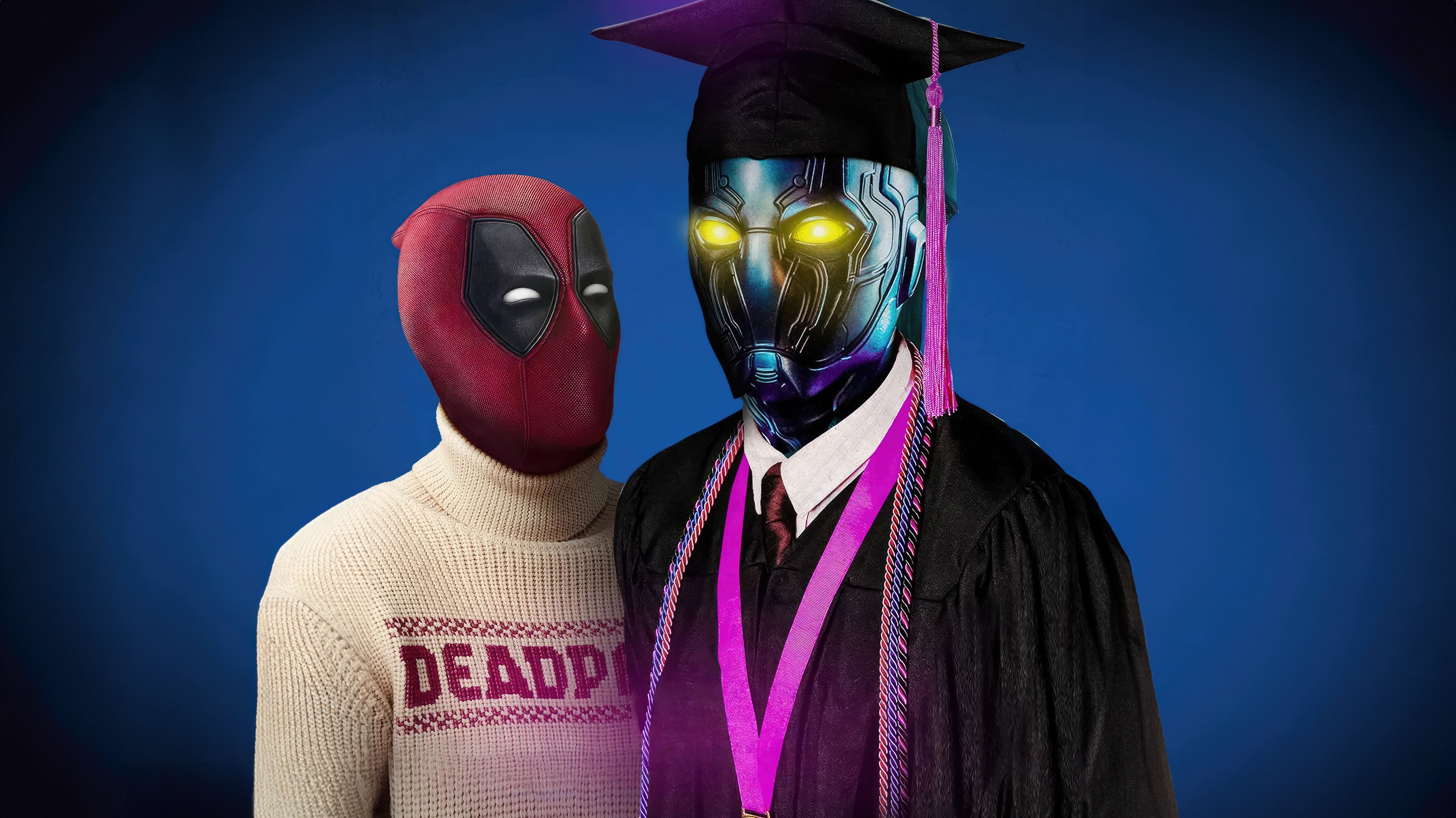 Deadpool and Blue Beetle in Graduation Attire HD Wallpaper
