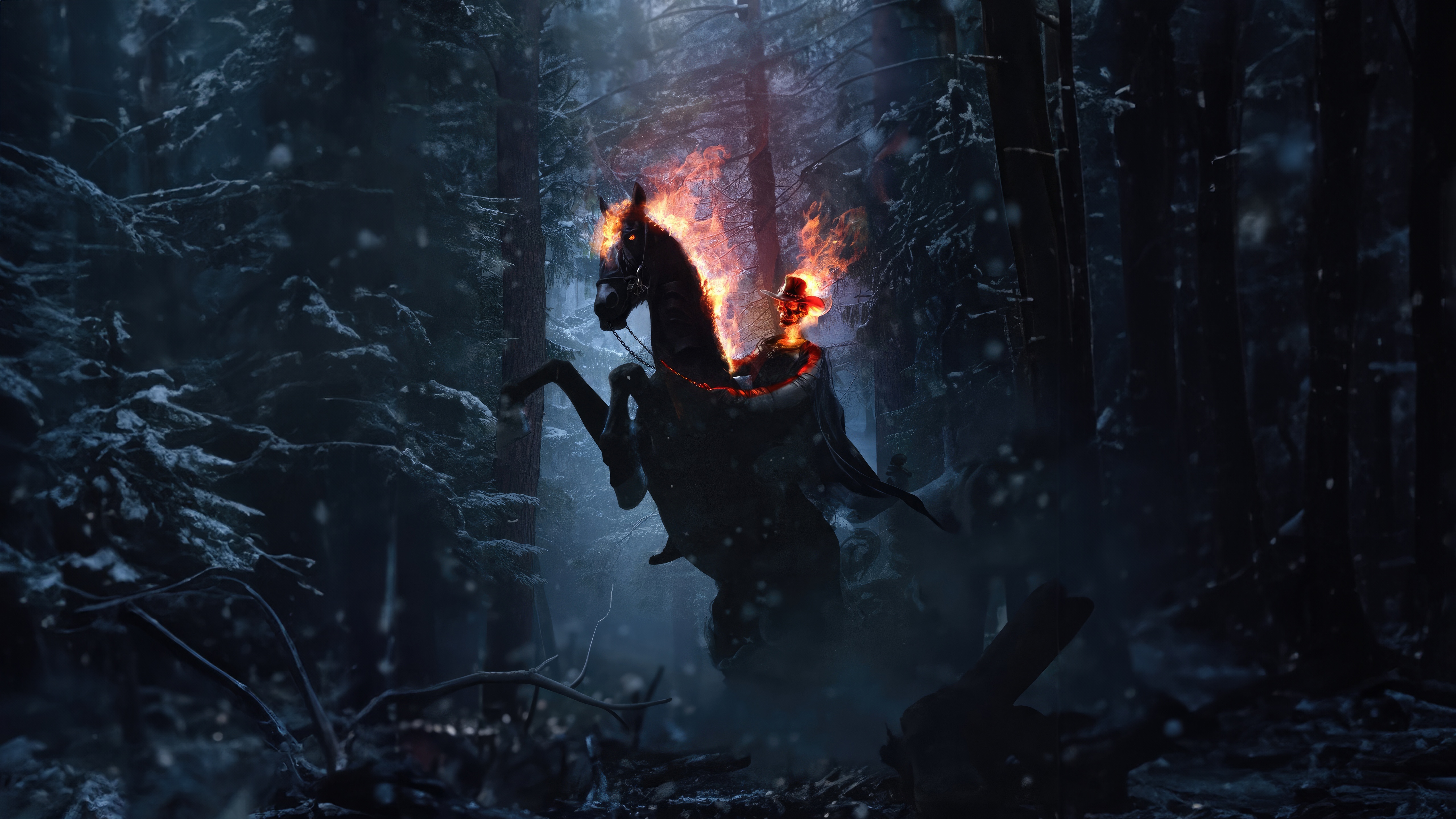 Ghost Rider on a horse in a snowy forest HD Wallpaper