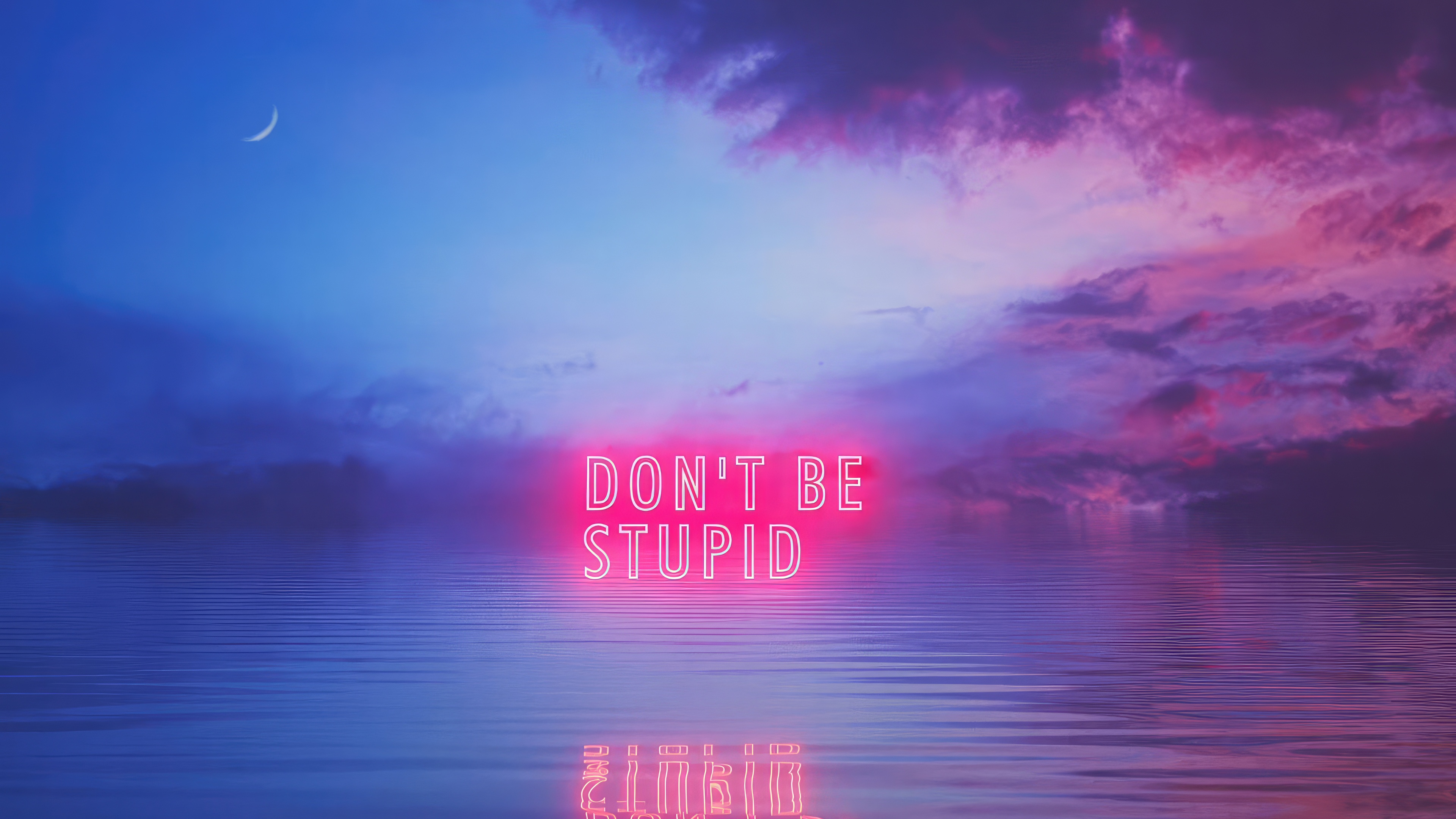 Neon sign "DON'T BE STUPID" over water HD Wallpaper