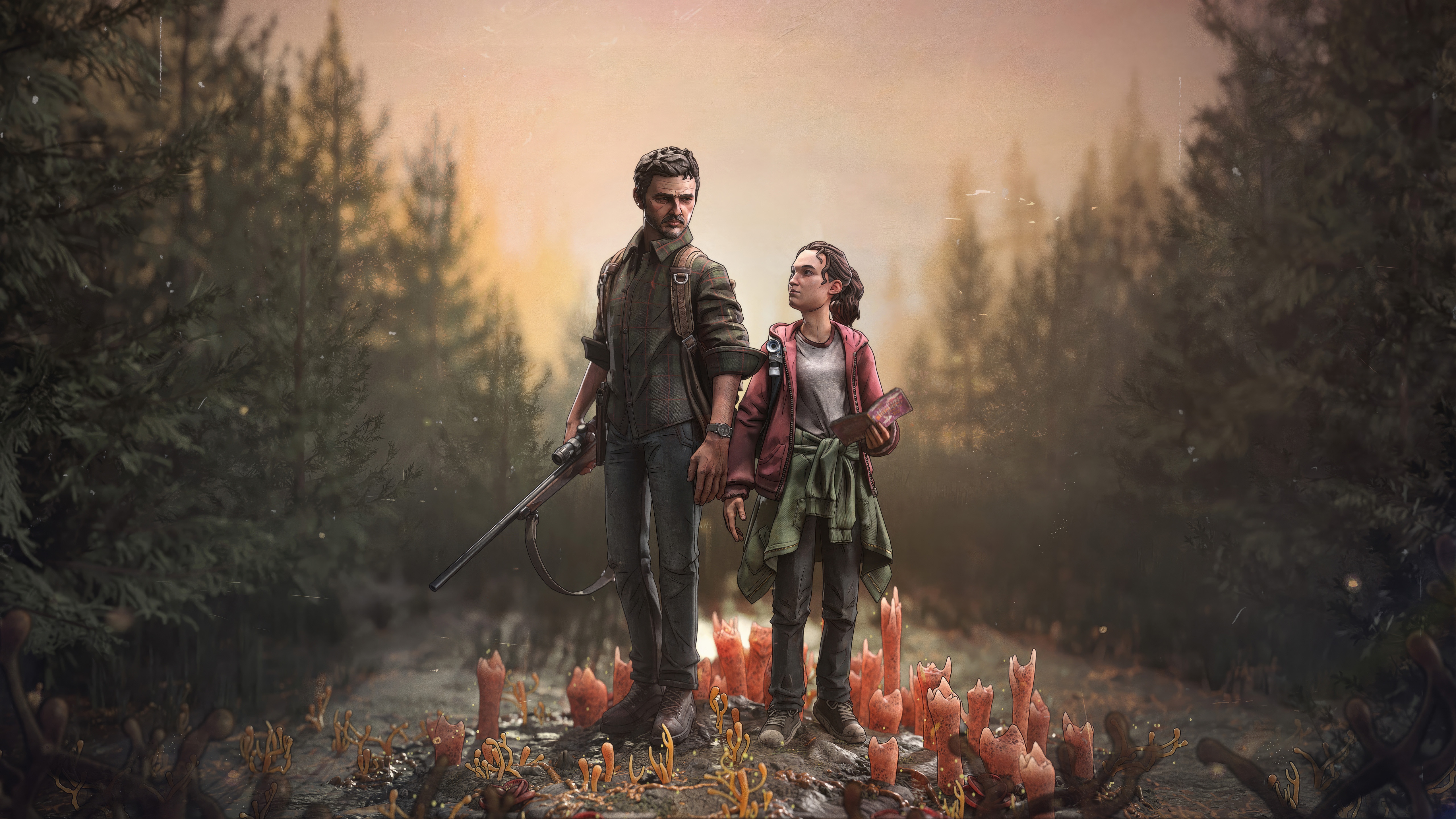 The Last of Us Joel and Ellie in a forest HD Wallpaper