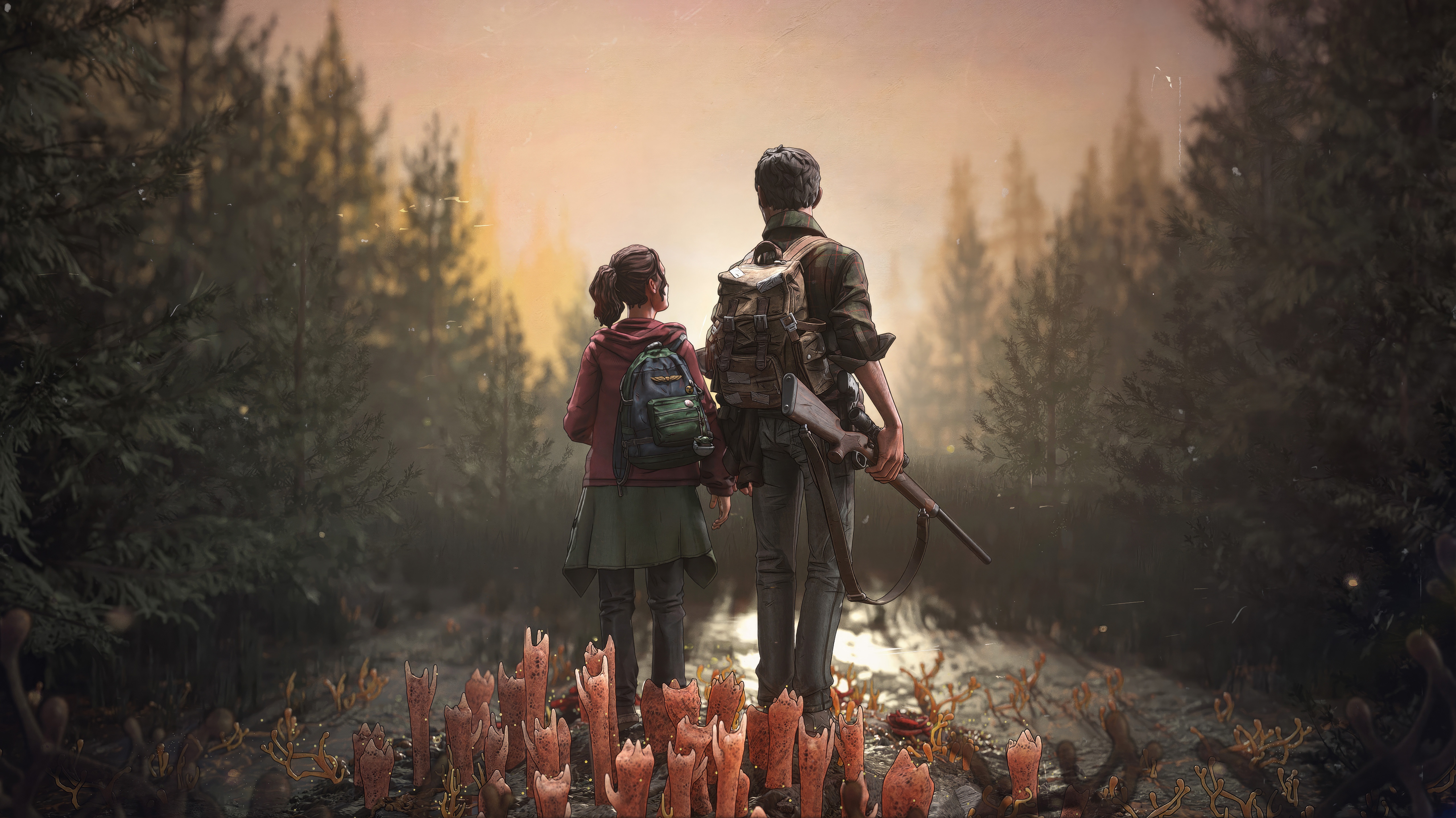 The Last of Us Joel and Ellie in a Forest HD Wallpaper