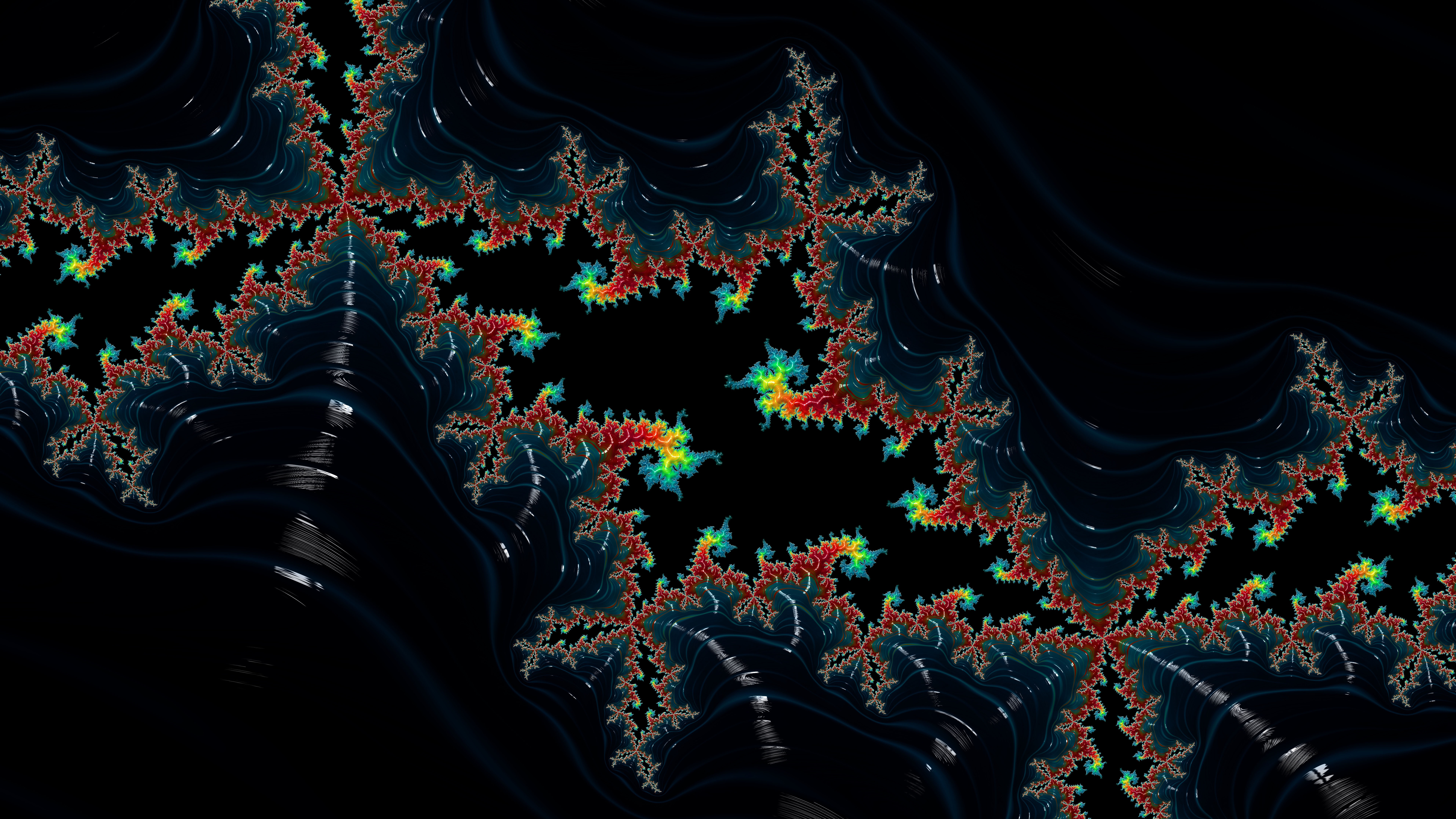 Psychedelic fractal pattern with red, yellow, and blue colors HD Wallpaper