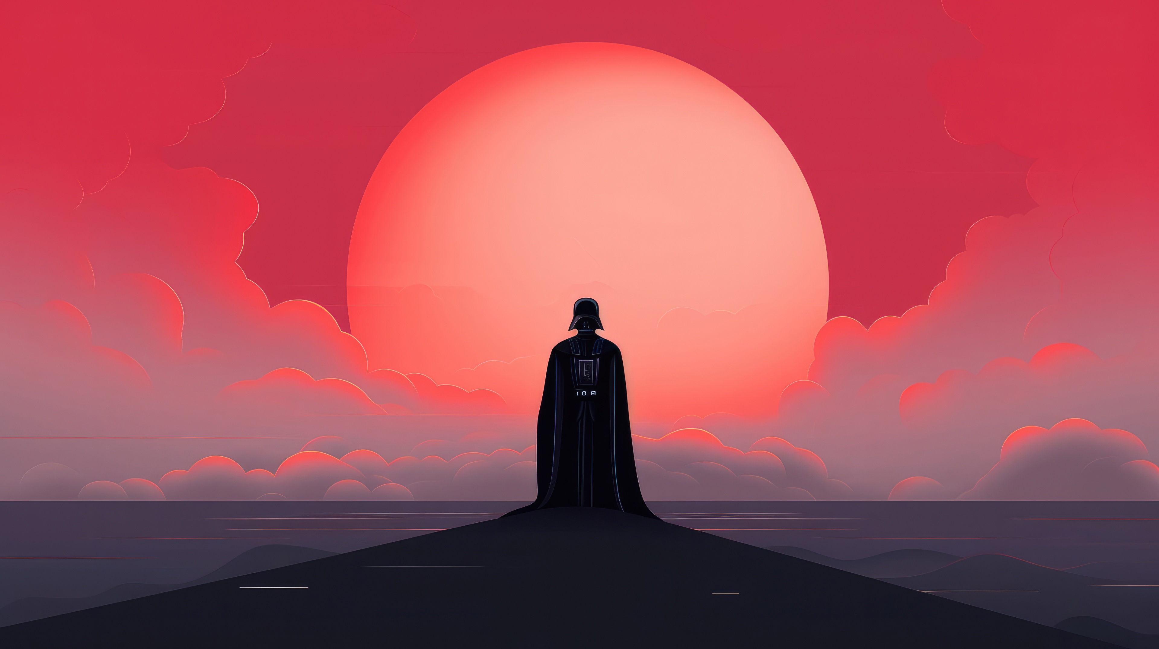 Darth Vader standing before a large red sun HD Wallpaper