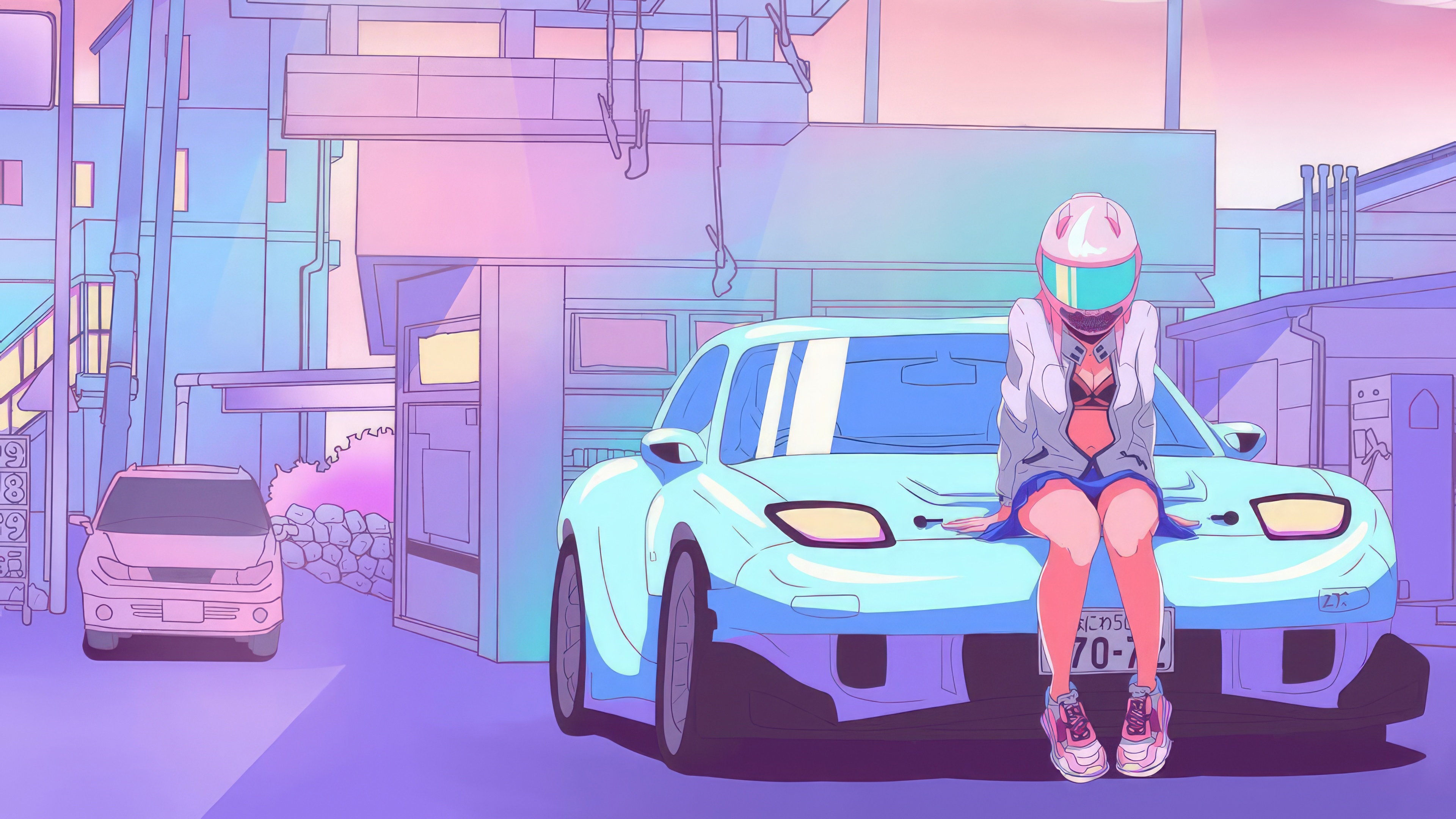 Synthwave Rider Girl Sitting on a Car HD Wallpaper