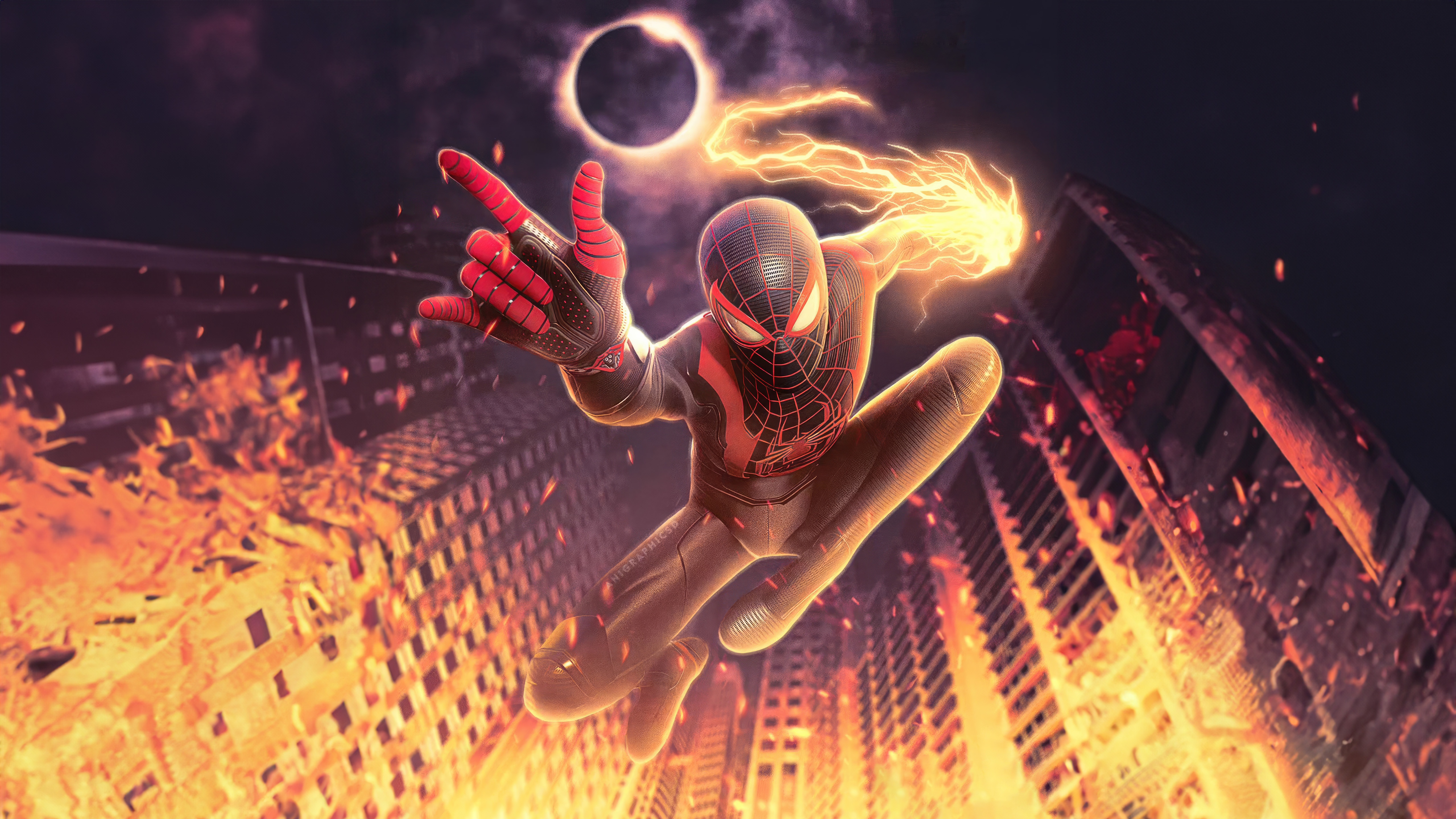 Miles Morales in a fiery city with an eclipse HD Wallpaper