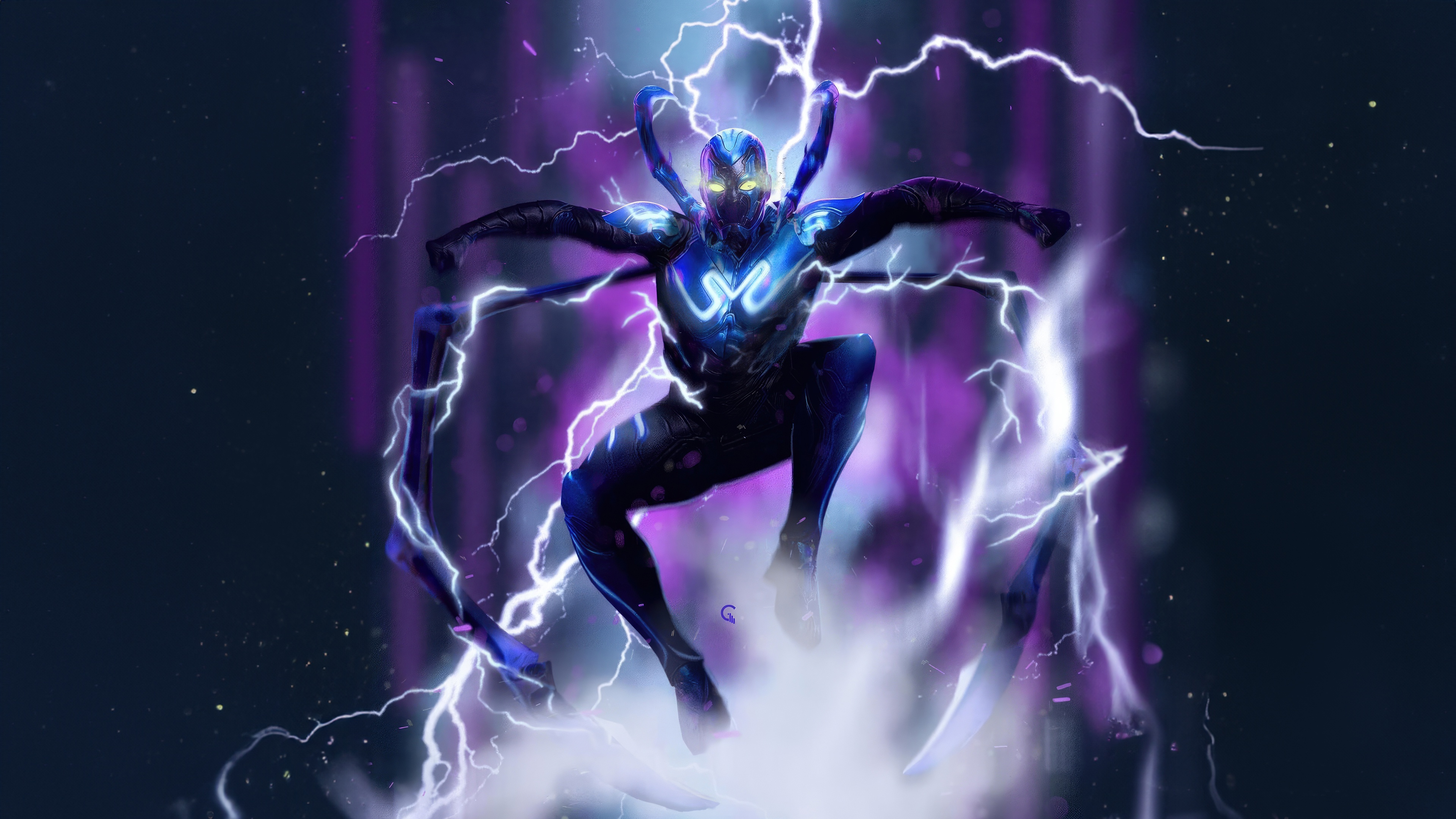 Blue Beetle surrounded by purple lightning HD Wallpaper