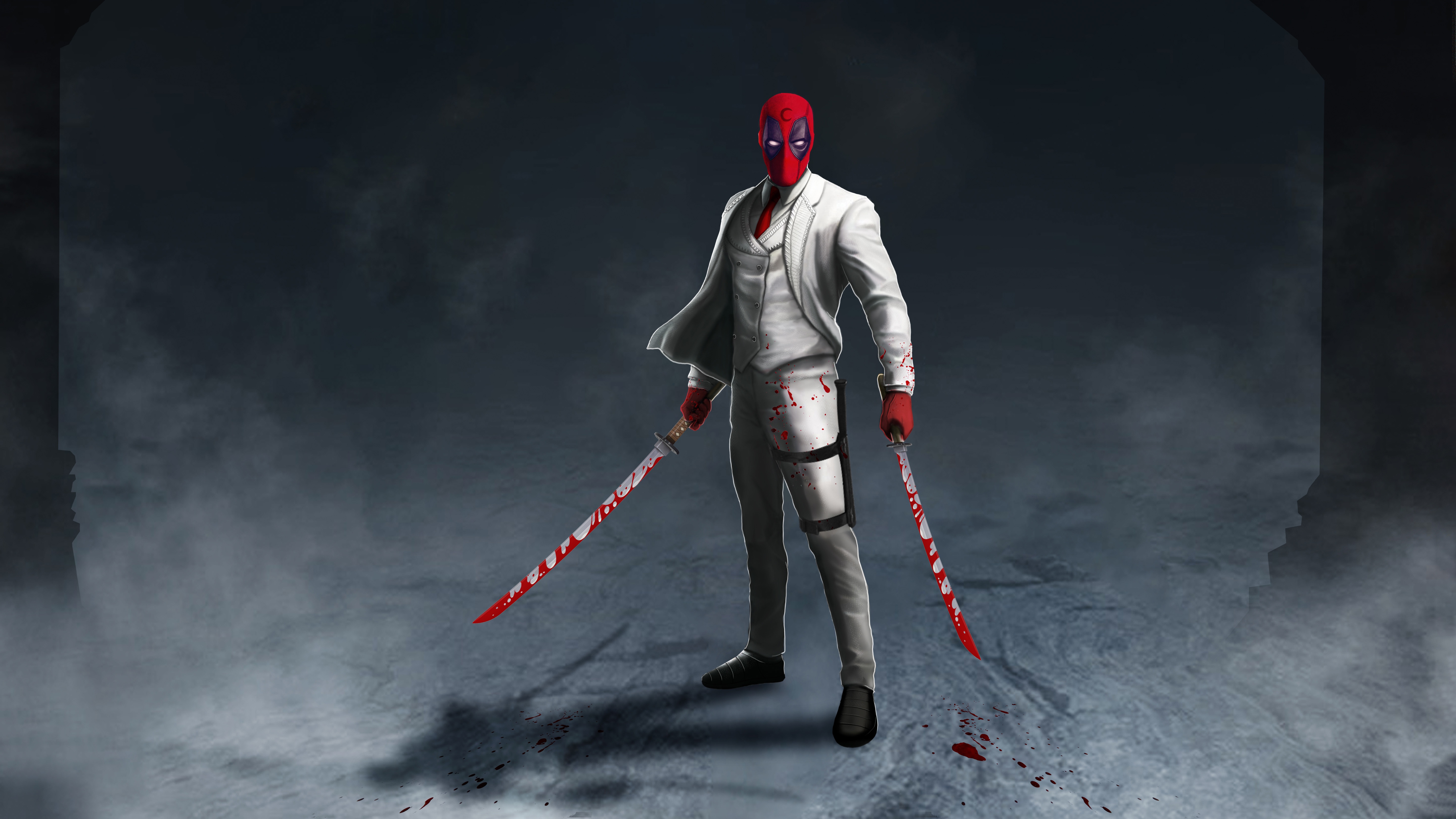 Deadpool in a white suit with katanas HD Wallpaper
