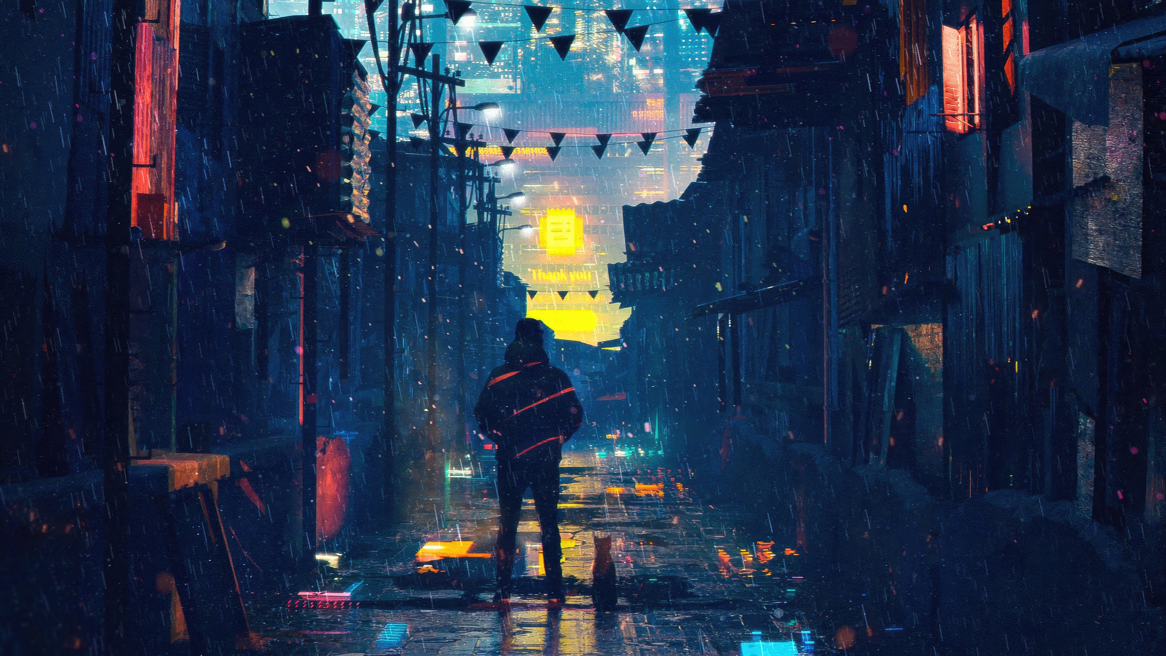 Person and cat in a rainy cyberpunk alley HD Wallpaper