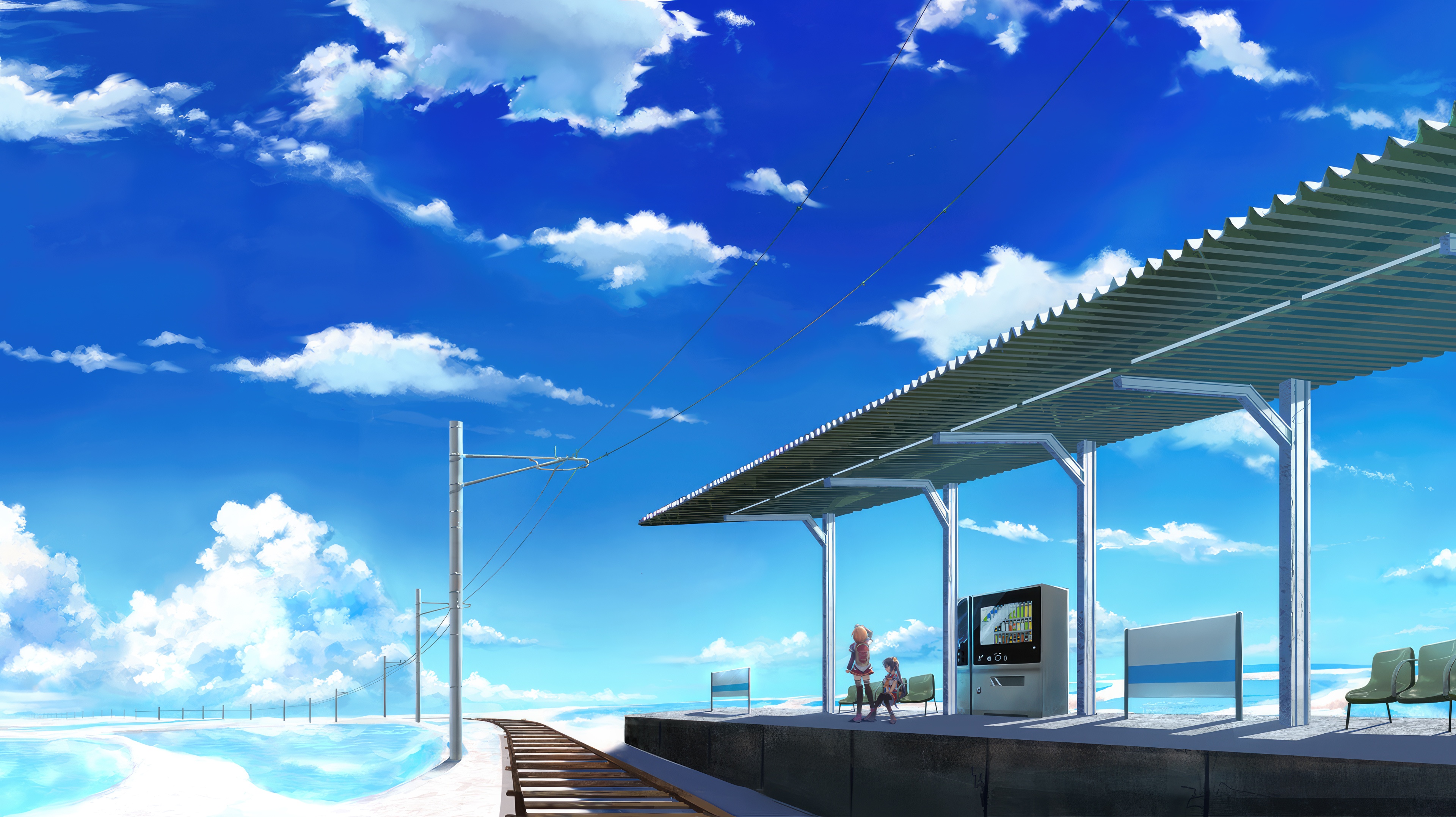 Anime girls at a train station under a blue sky HD Wallpaper