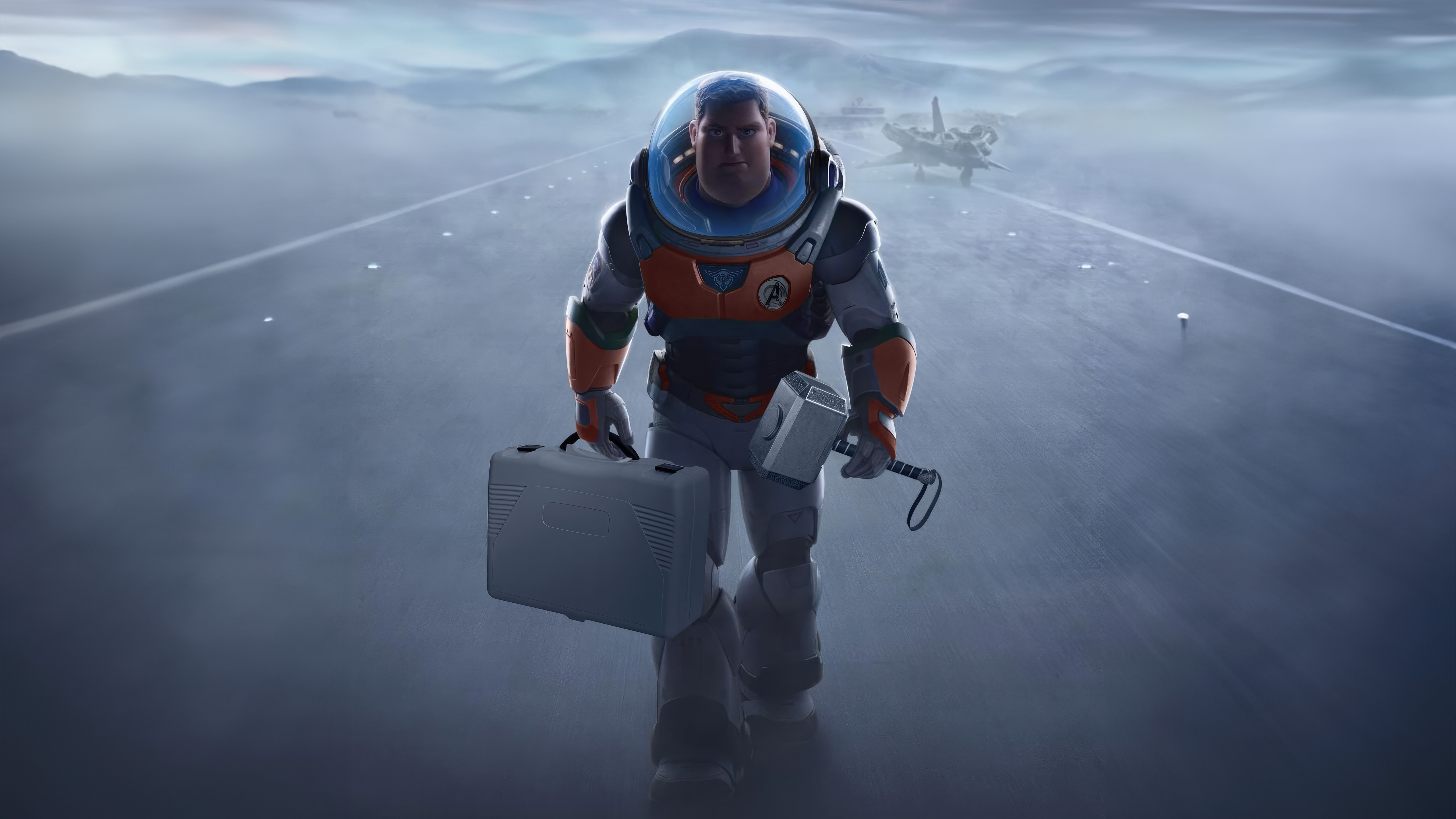 Buzz Lightyear walks with a suitcase and Mjolnir HD Wallpaper