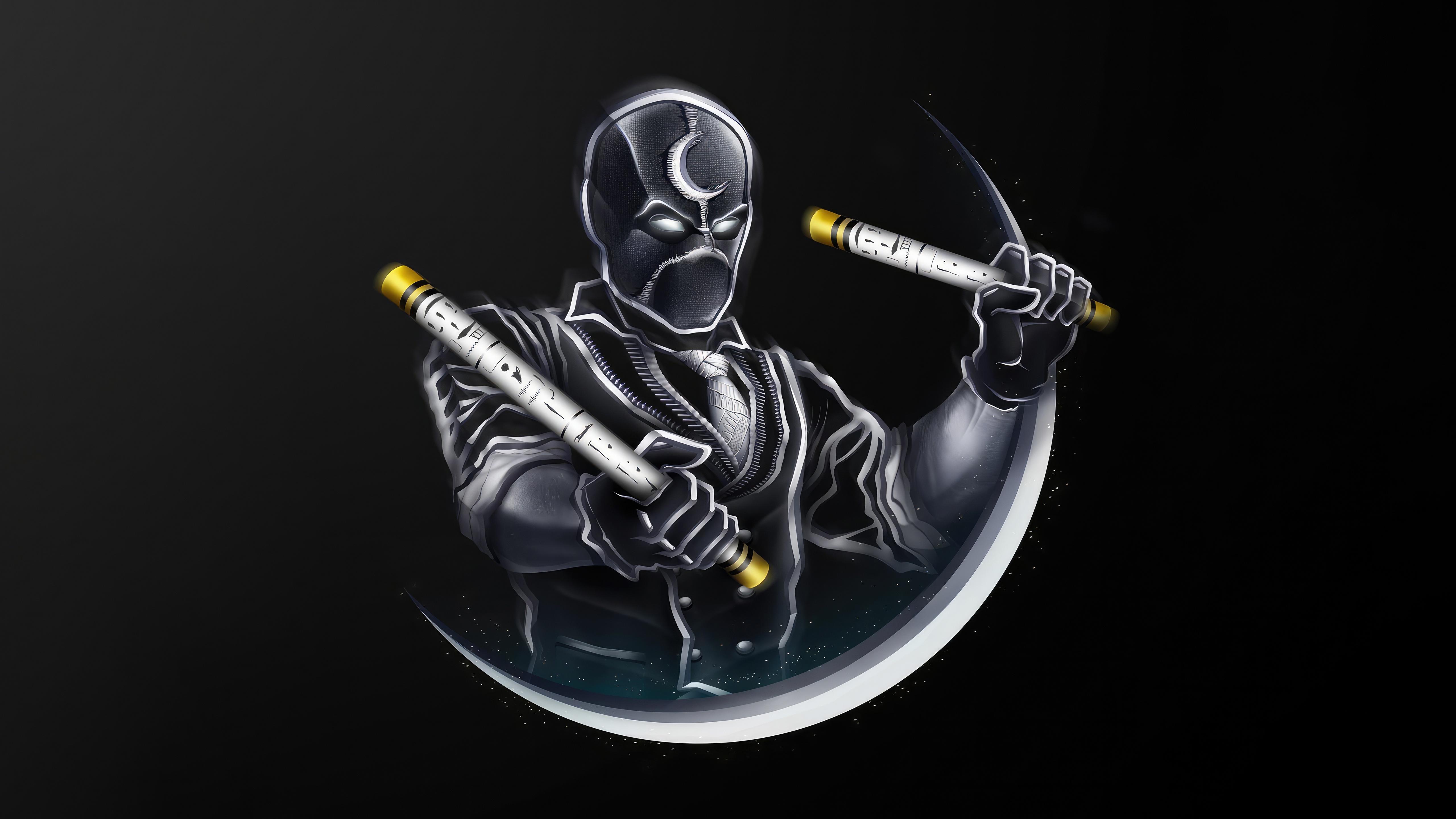 Moon Knight holding batons with crescent moon emblem HD Wallpaper