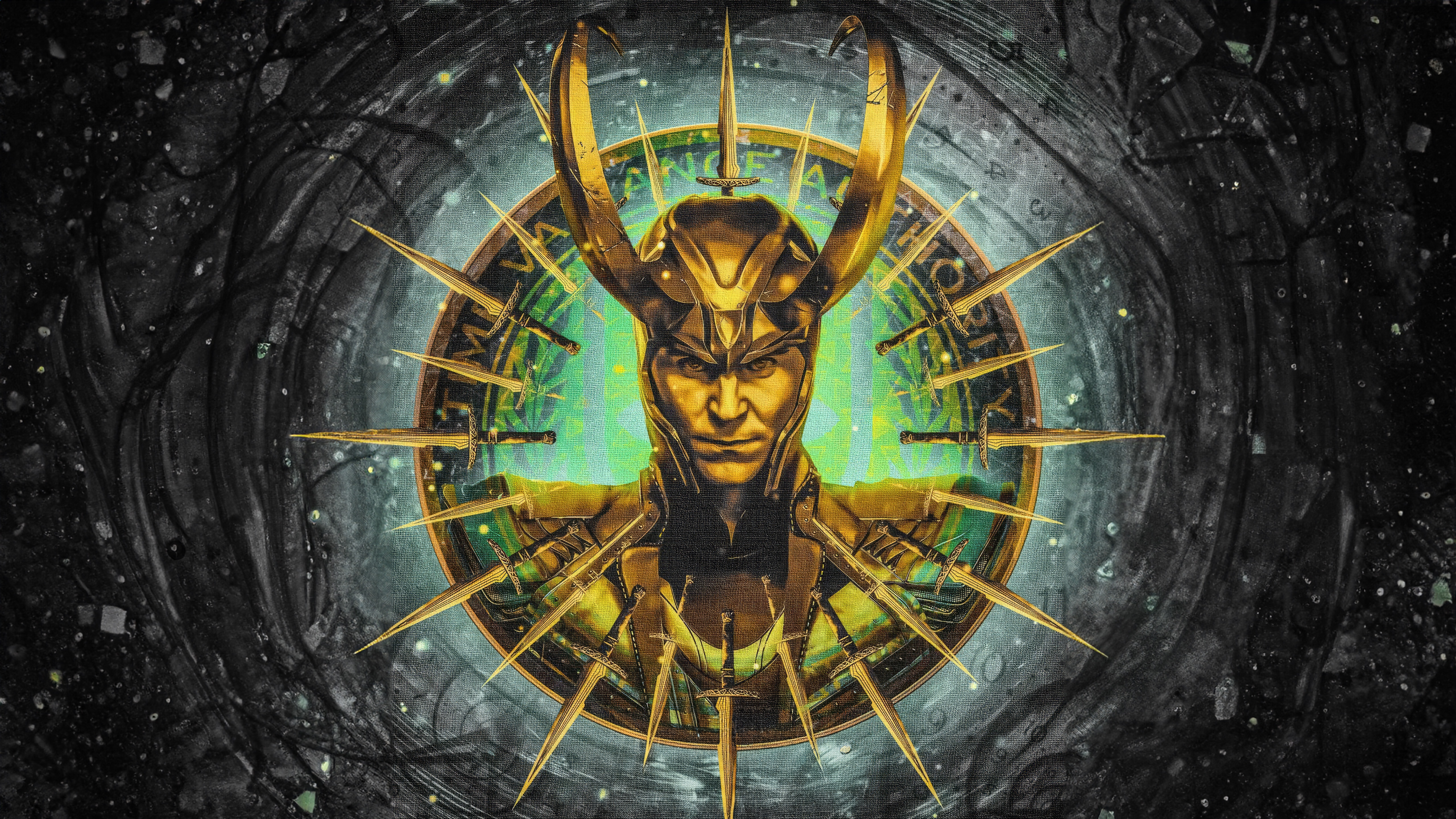 Loki's Golden Helmet and Swords HD Wallpaper