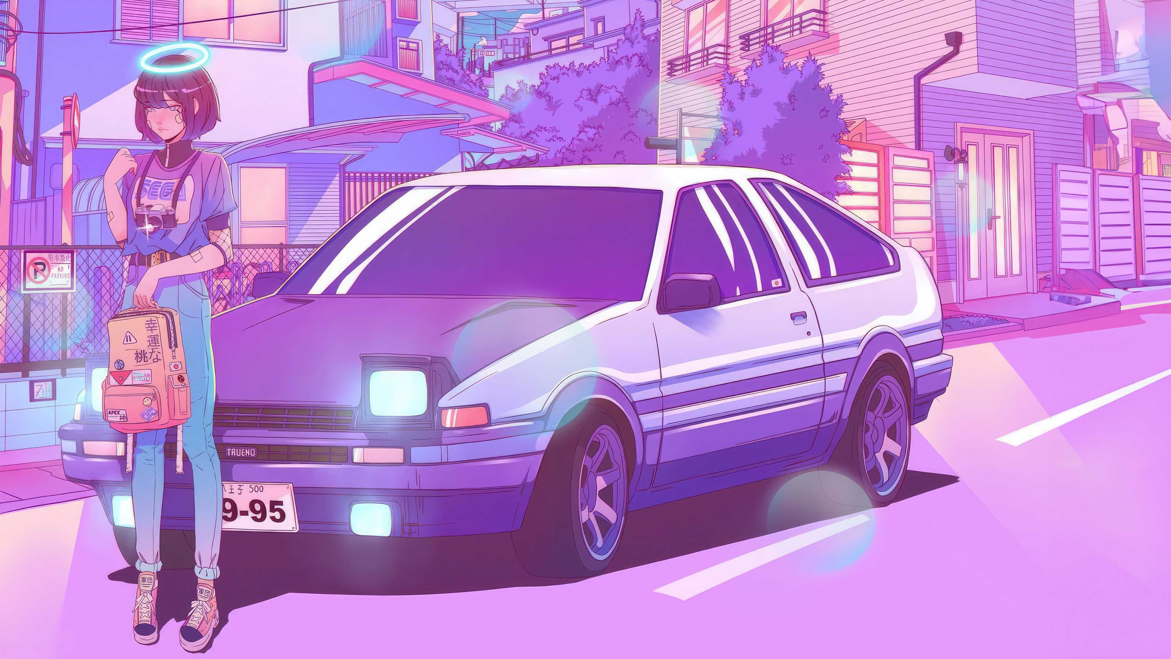 Anime girl with halo and car in Japan HD Wallpaper