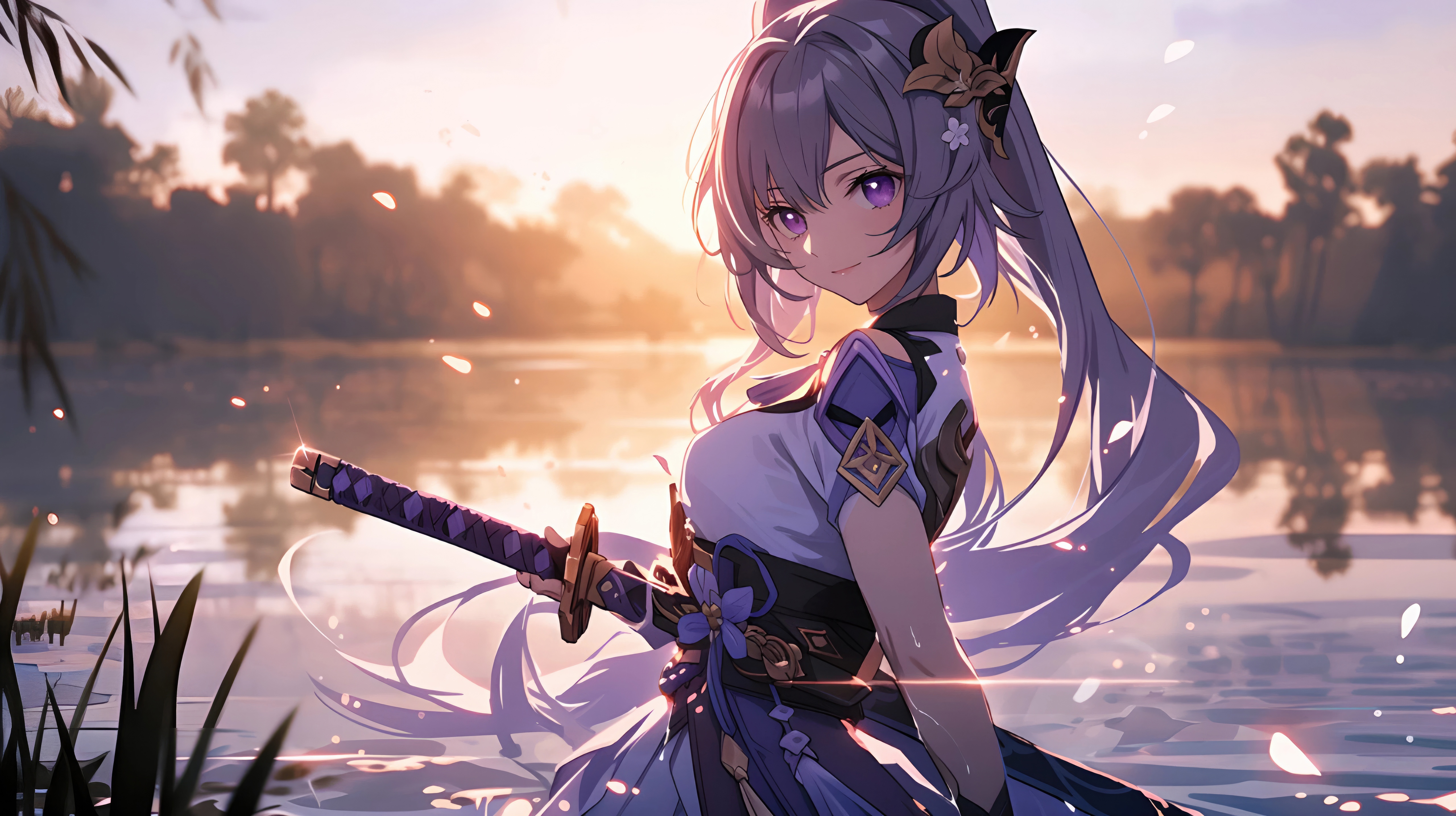 Keqing from Genshin Impact holding a sword by a lake HD Wallpaper