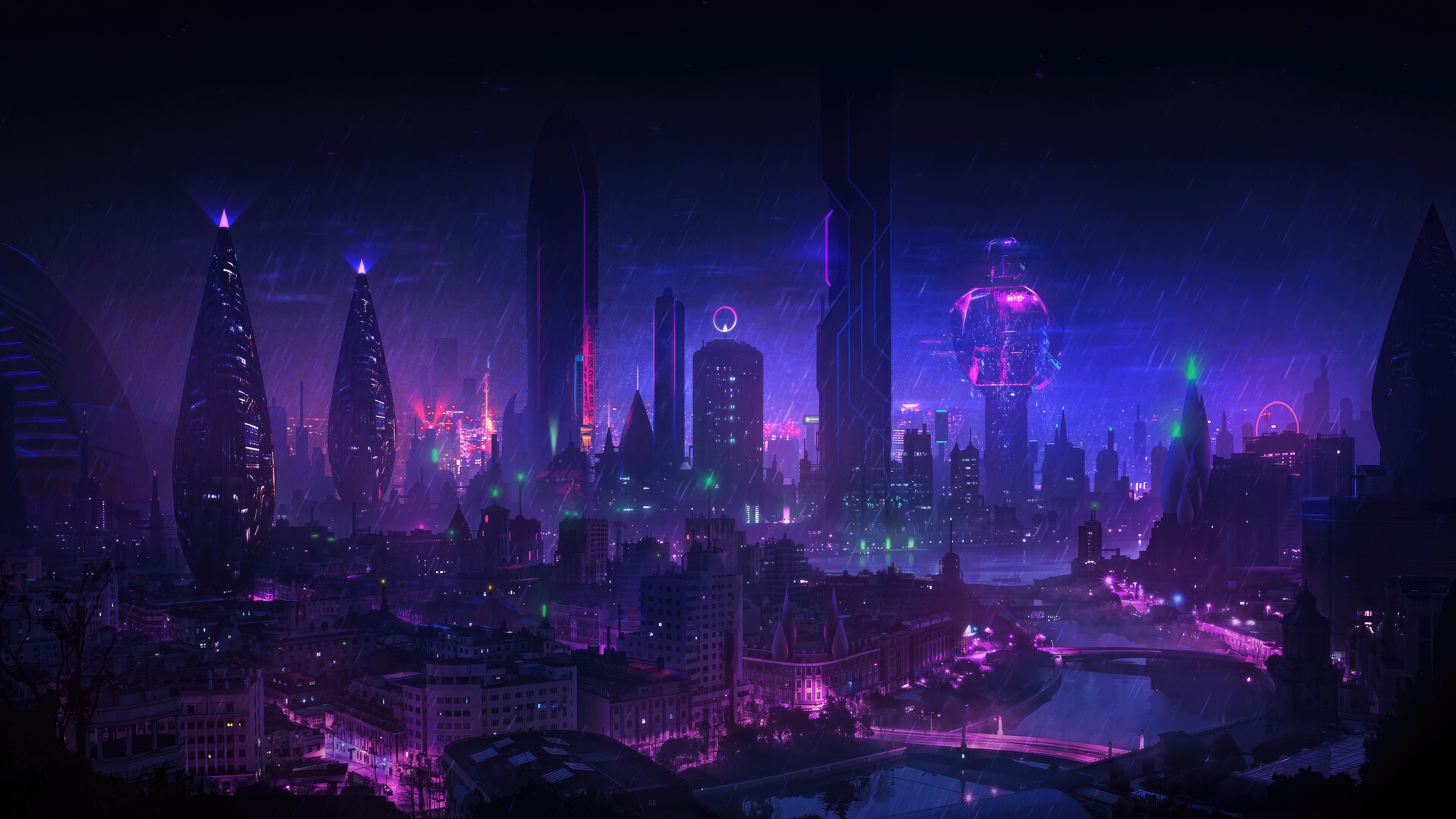 Futuristic Cityscape with Neon Lights and Rain HD Wallpaper